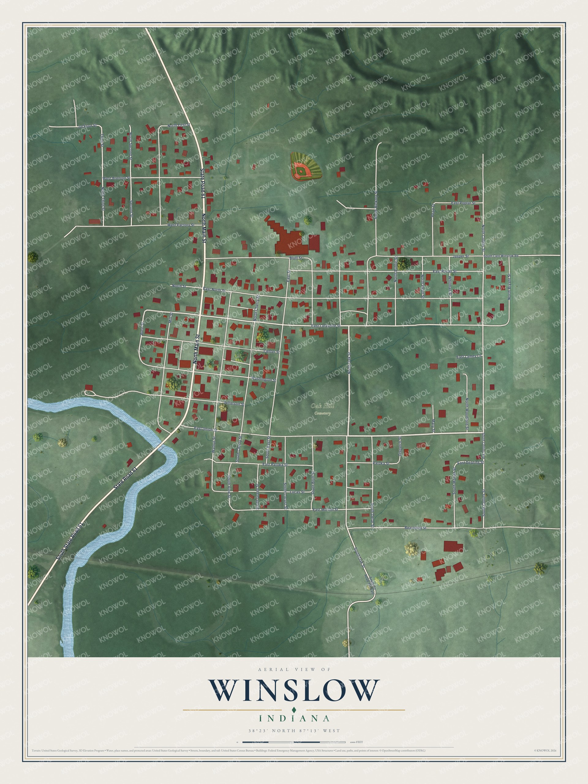 Full map of Winslow, Indiana, with red buildings, printed street names and the land around them