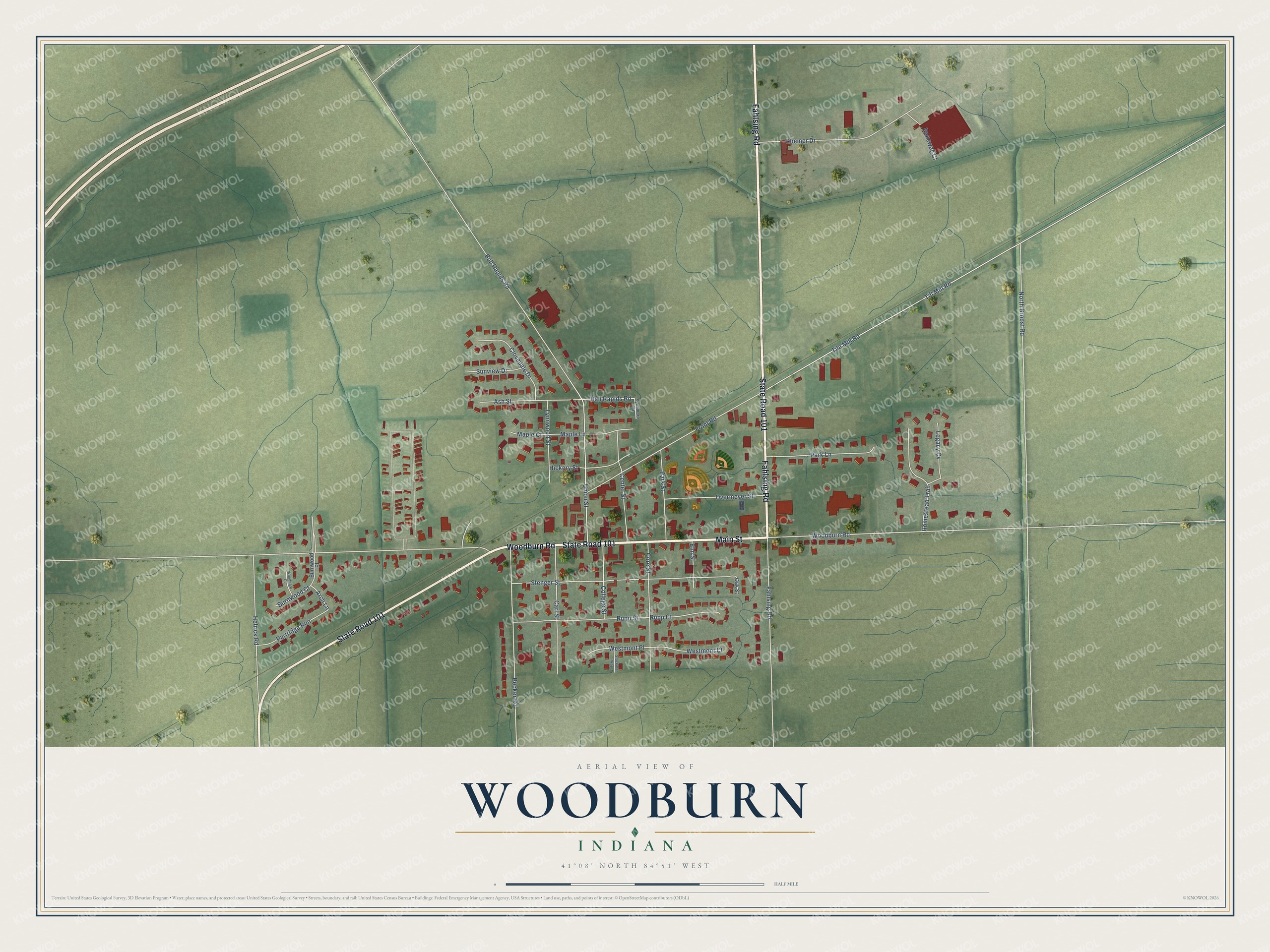 Full map of Woodburn, Indiana, with red buildings, printed street names and the land around them