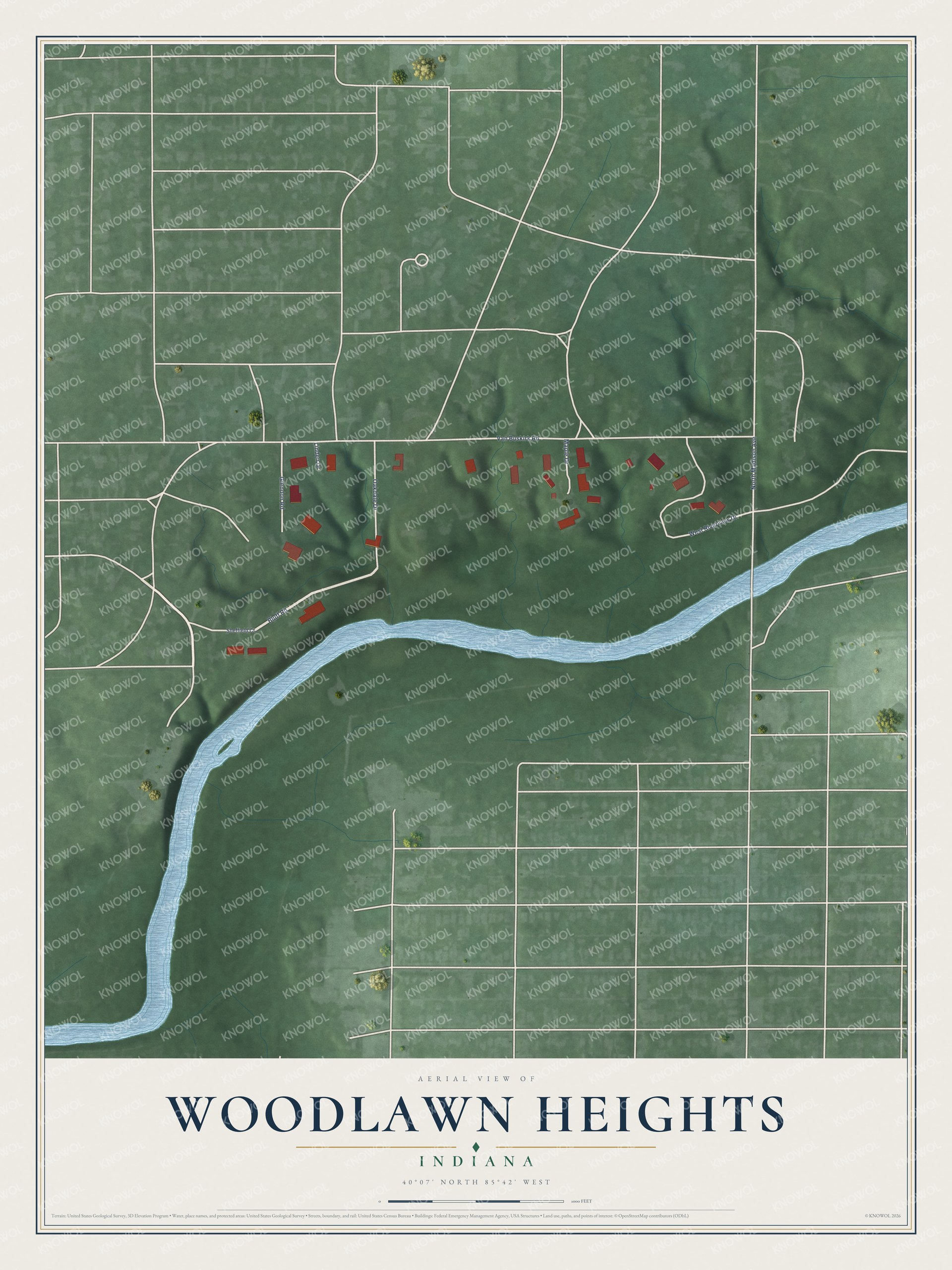 Full map of Woodlawn Heights, Indiana, with red buildings, printed street names and the land around them