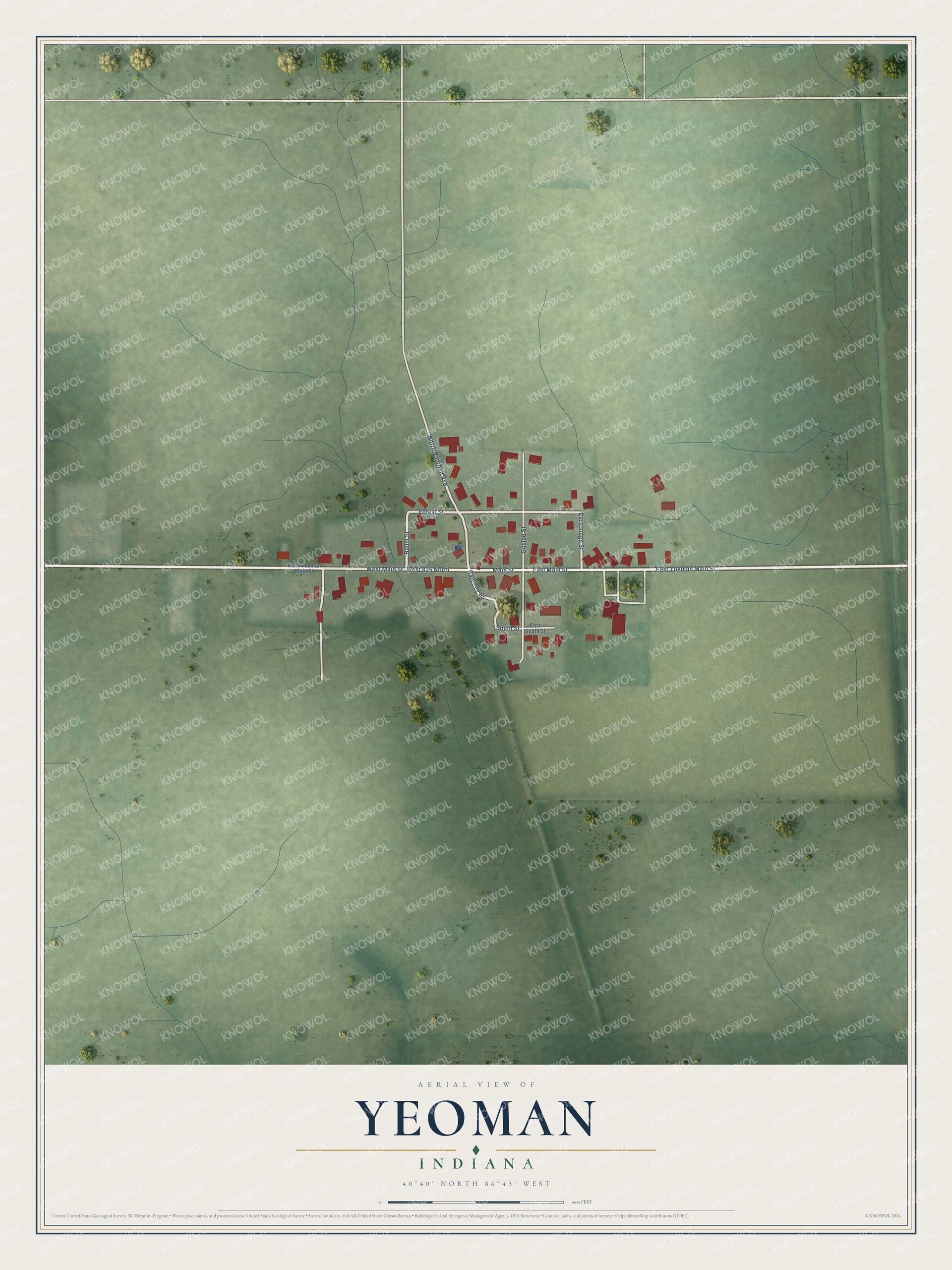 Full map of Yeoman, Indiana, with red buildings, printed street names and the land around them