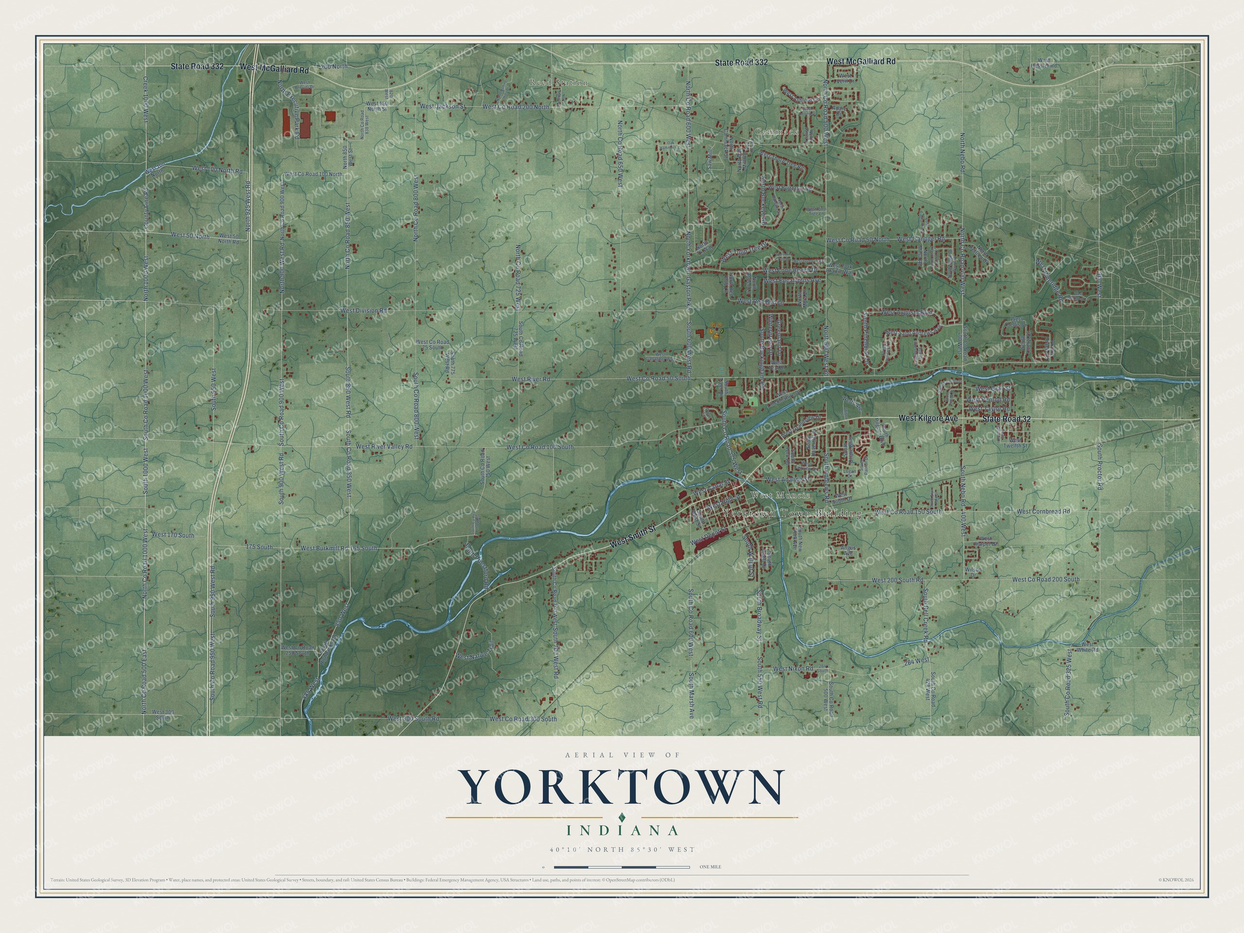 Full map of Yorktown, Indiana, with red buildings, printed street names and the land around them