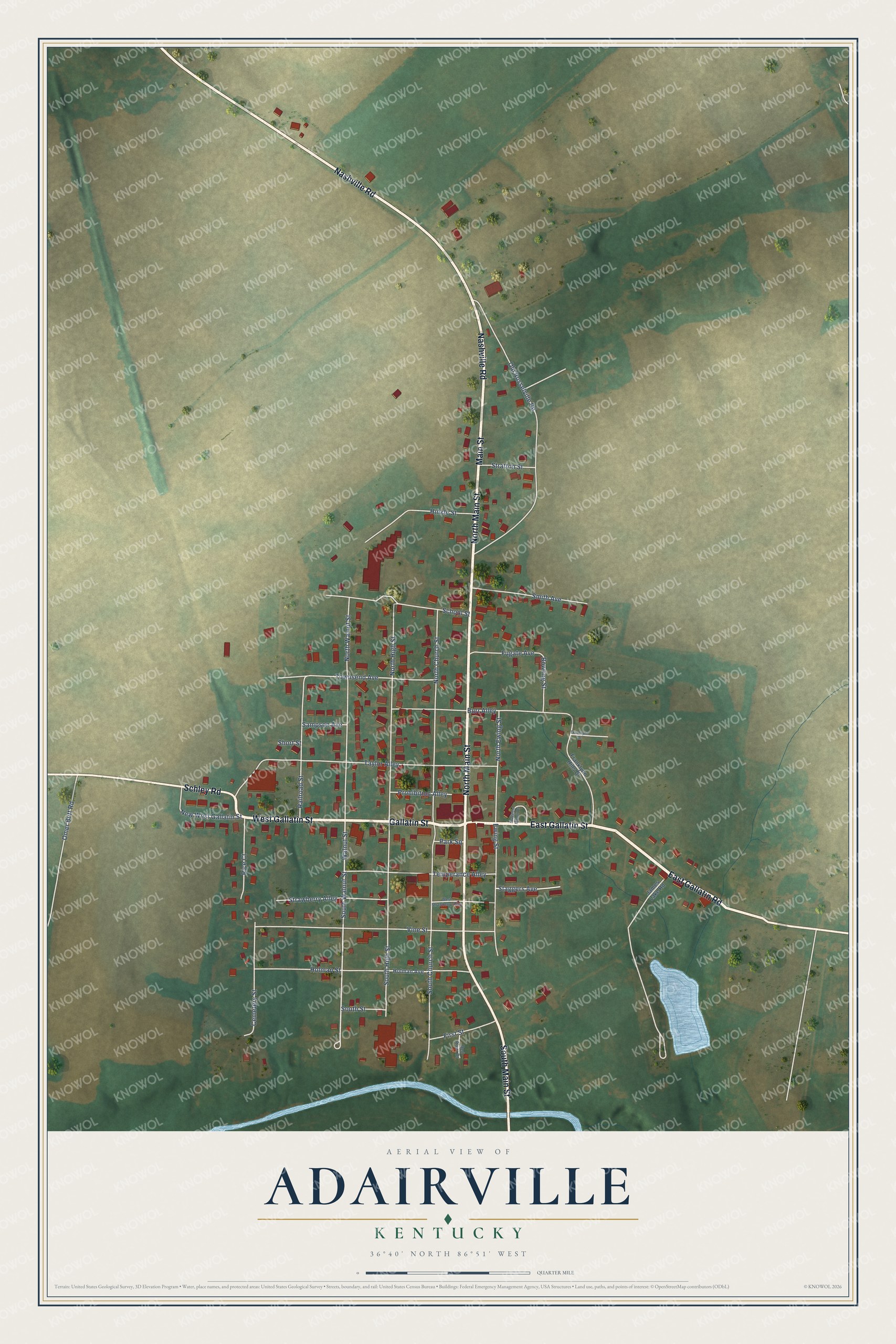 Full map of Adairville, Kentucky, with red buildings, printed street names and the land around them