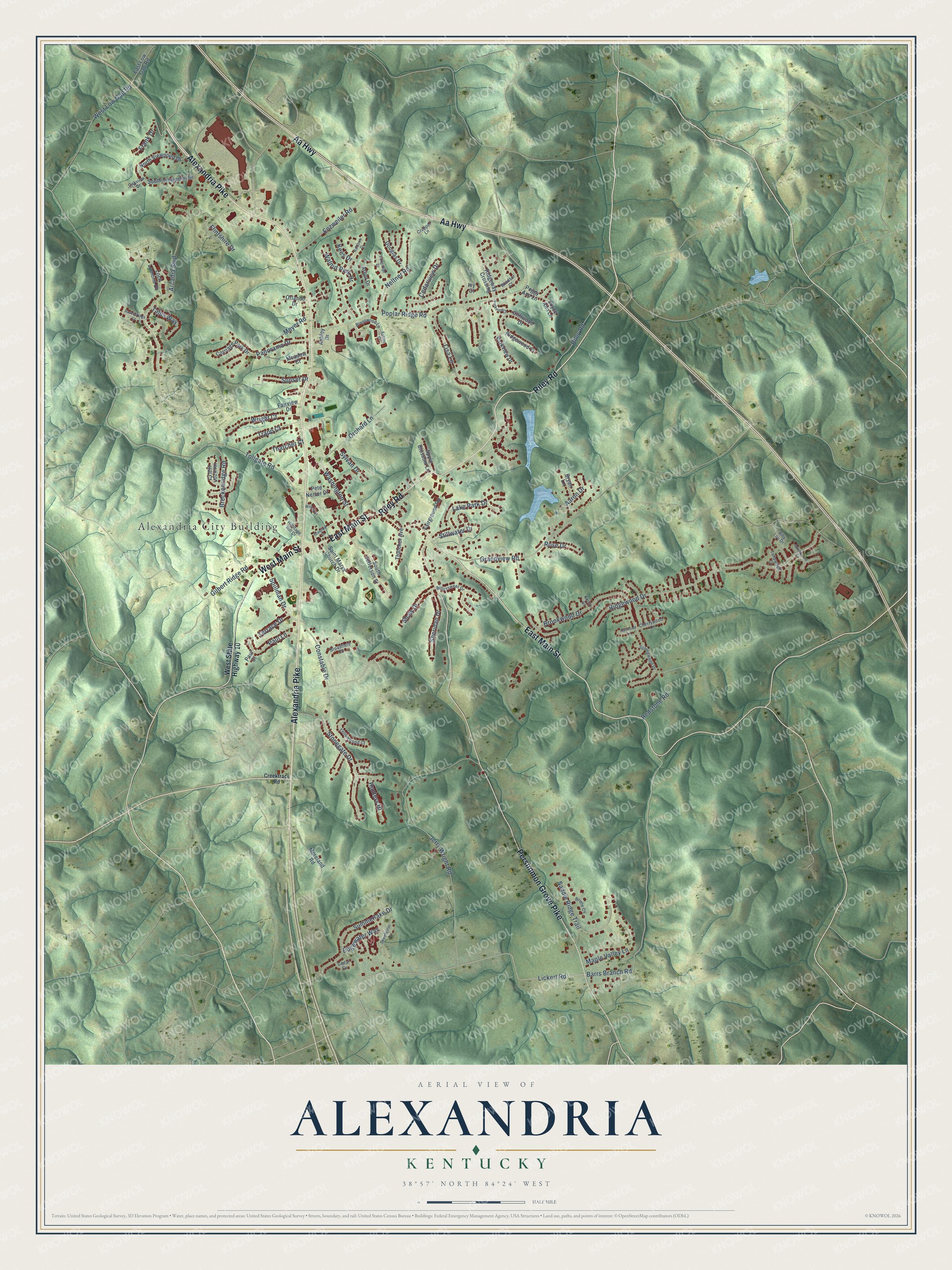 Full map of Alexandria, Kentucky, with red buildings, printed street names and the land around them