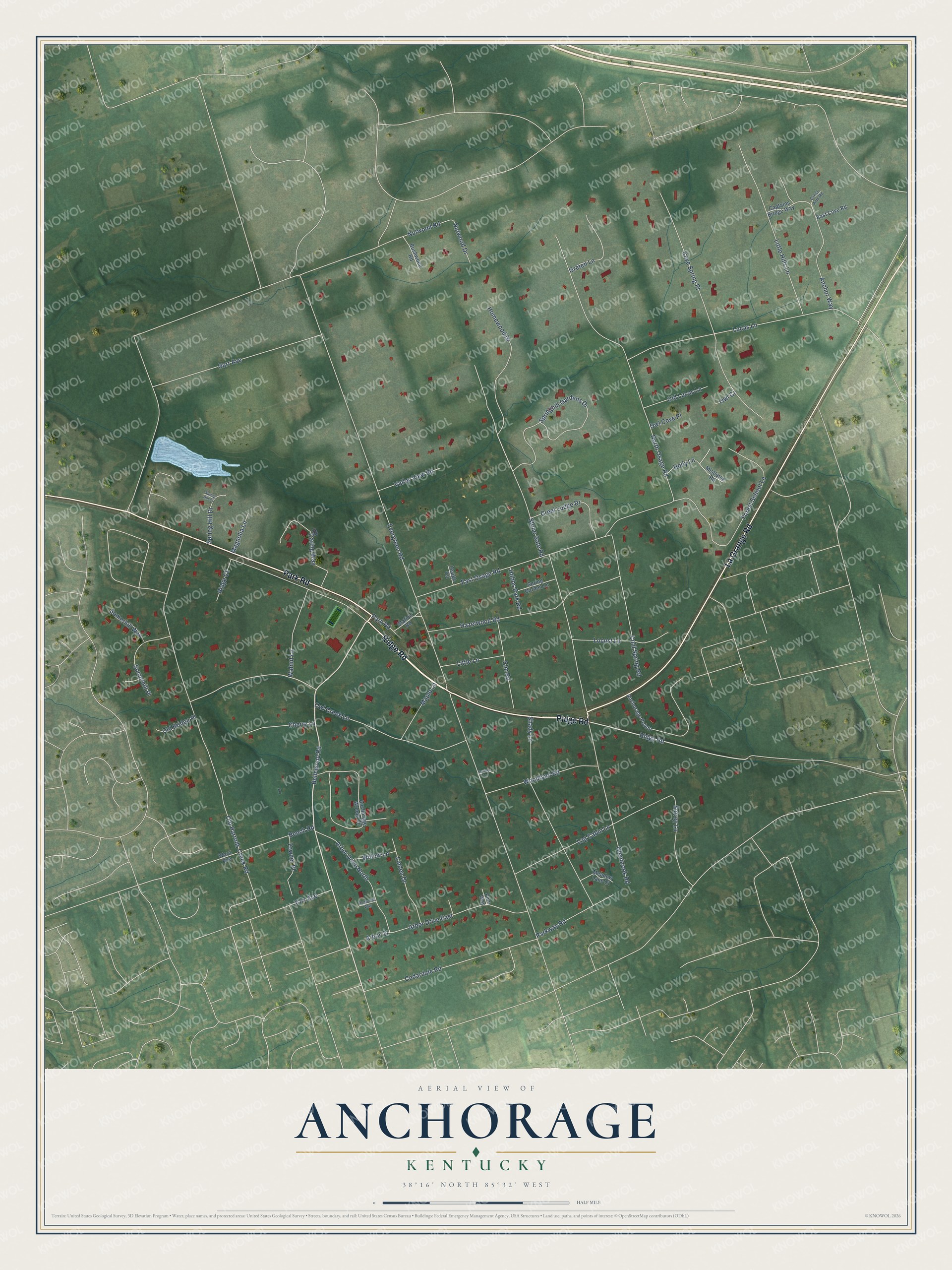 Full map of Anchorage, Kentucky, with red buildings, printed street names and the land around them