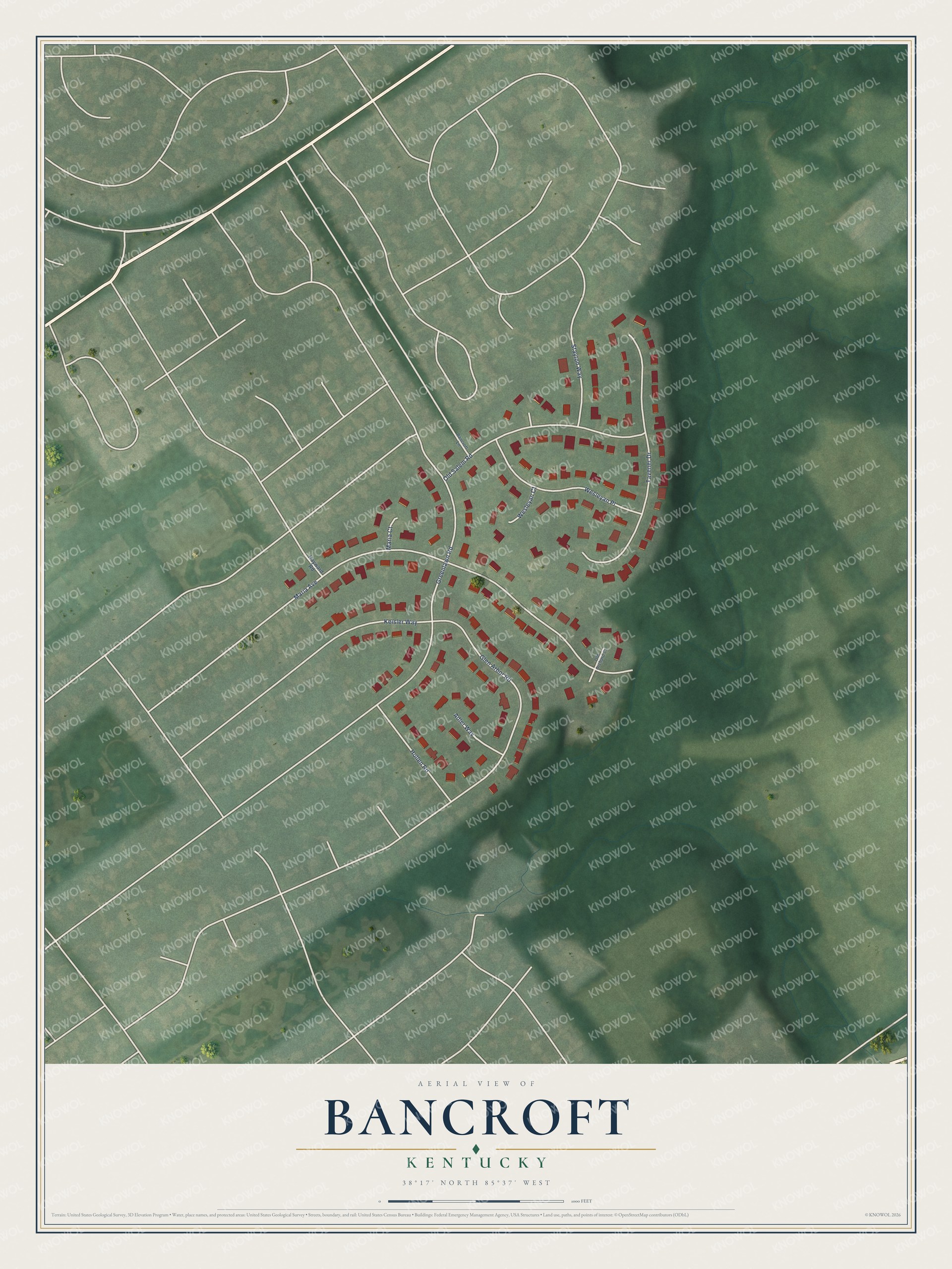 Full map of Bancroft, Kentucky, with red buildings, printed street names and the land around them