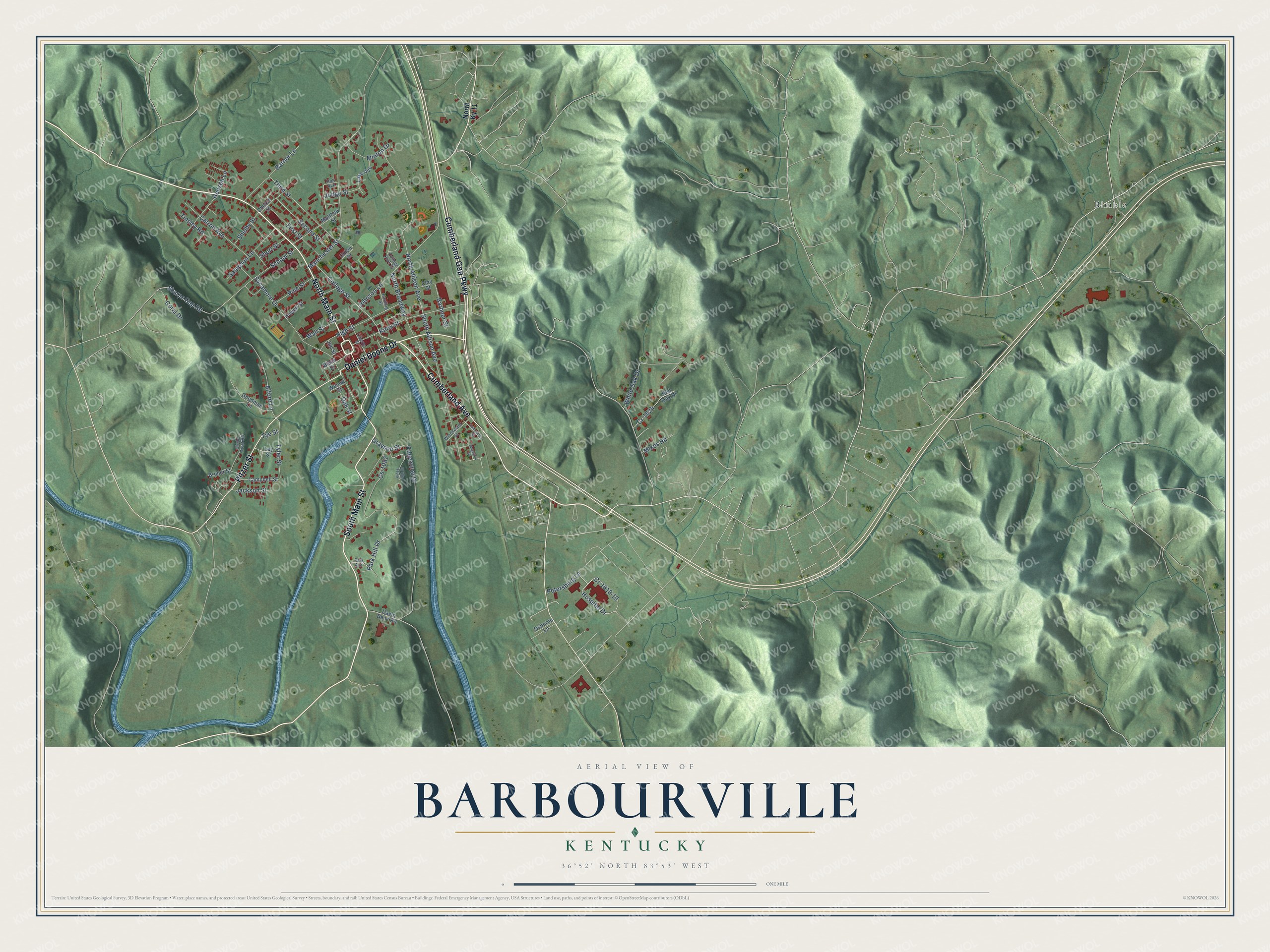 Full map of Barbourville, Kentucky, with red buildings, printed street names and the land around them