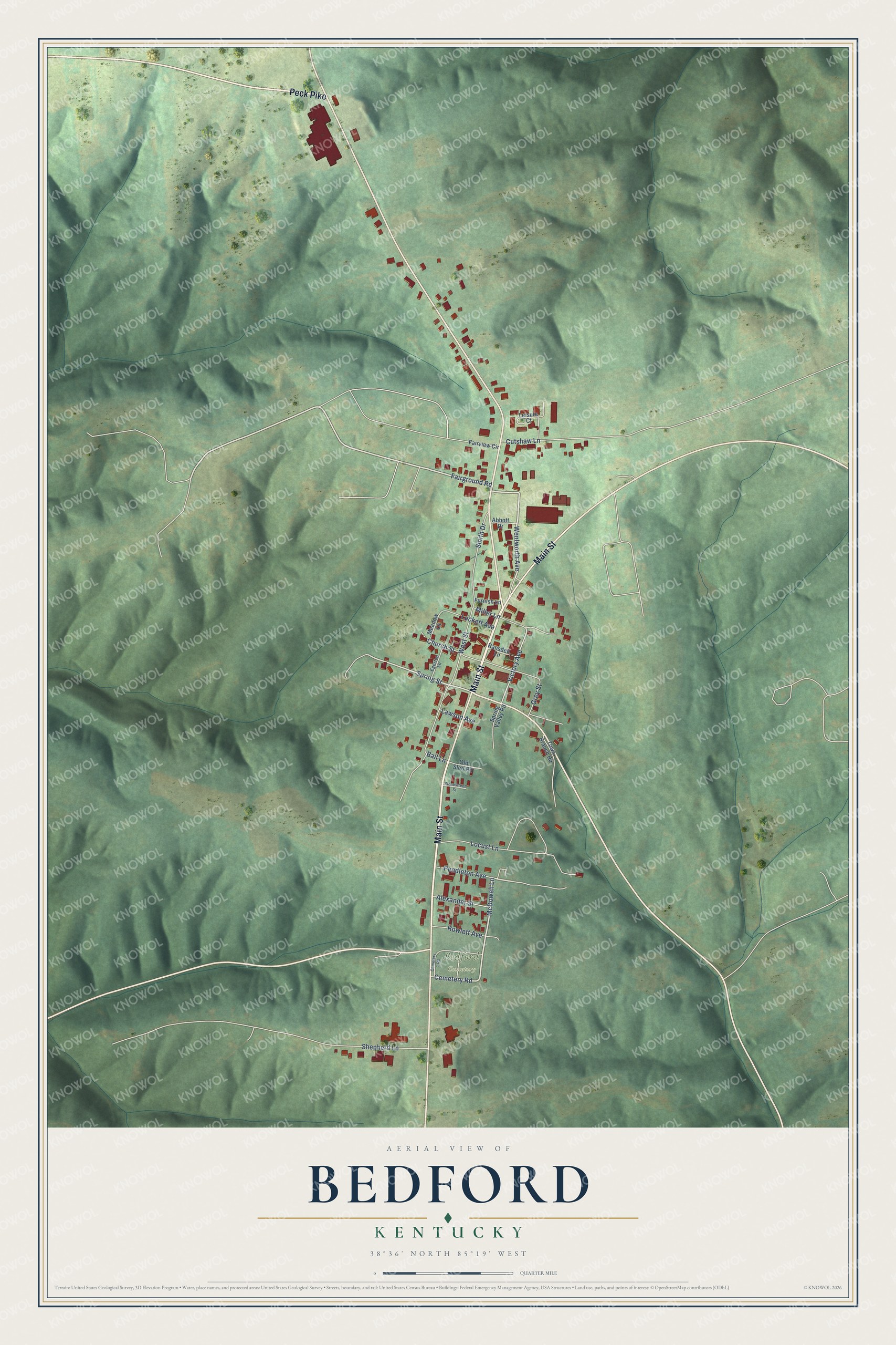 Full map of Bedford, Kentucky, with red buildings, printed street names and the land around them