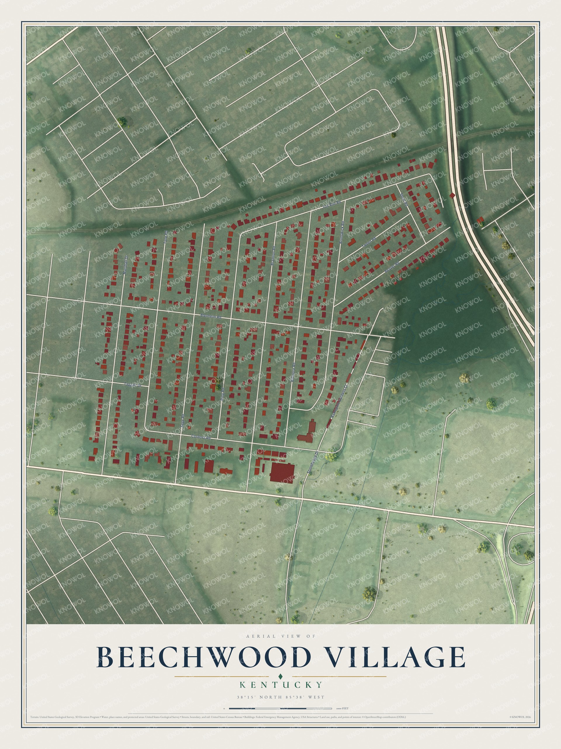 Full map of Beechwood Village, Kentucky, with red buildings, printed street names and the land around them