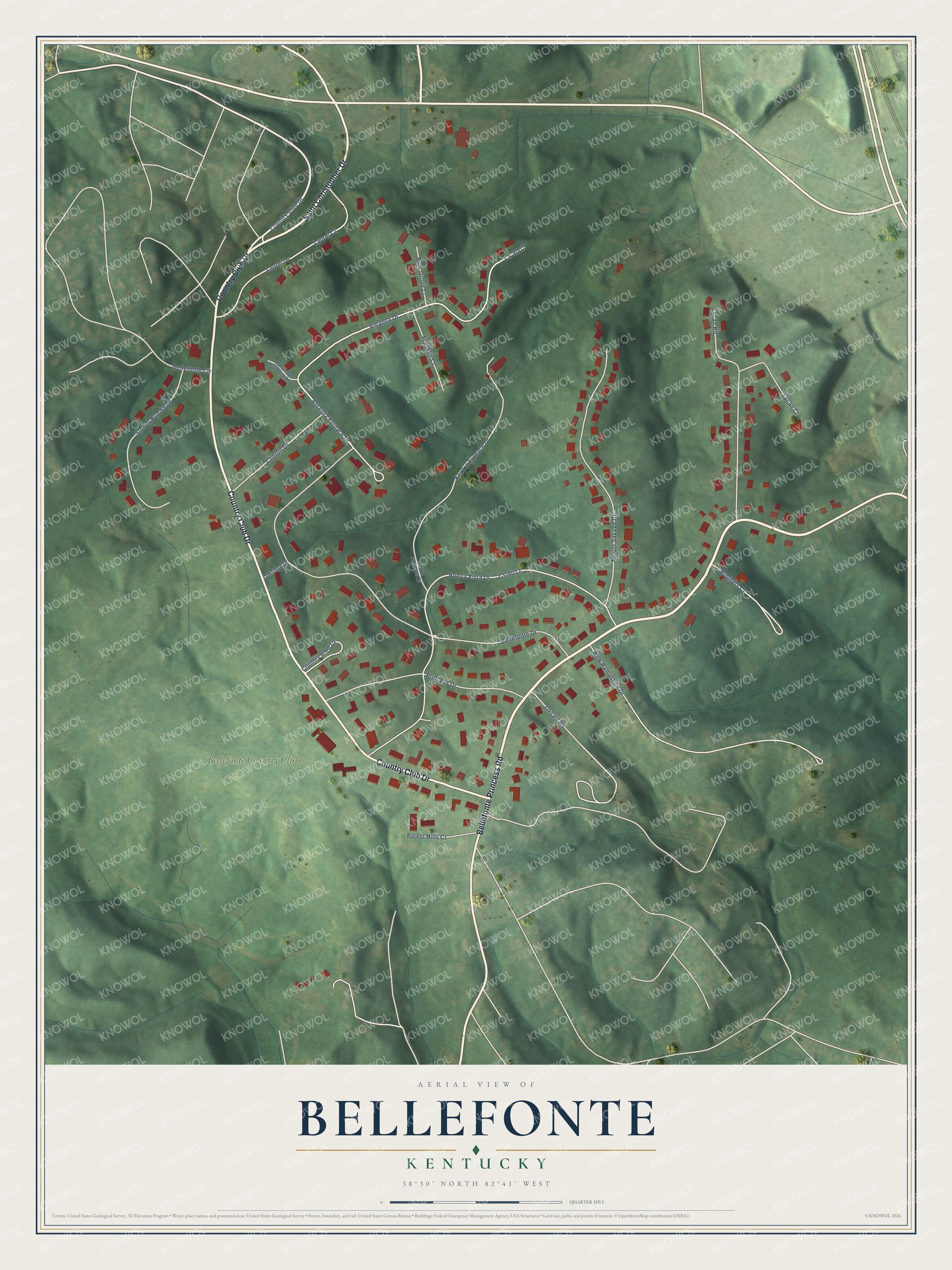Full map of Bellefonte, Kentucky, with red buildings, printed street names and the land around them