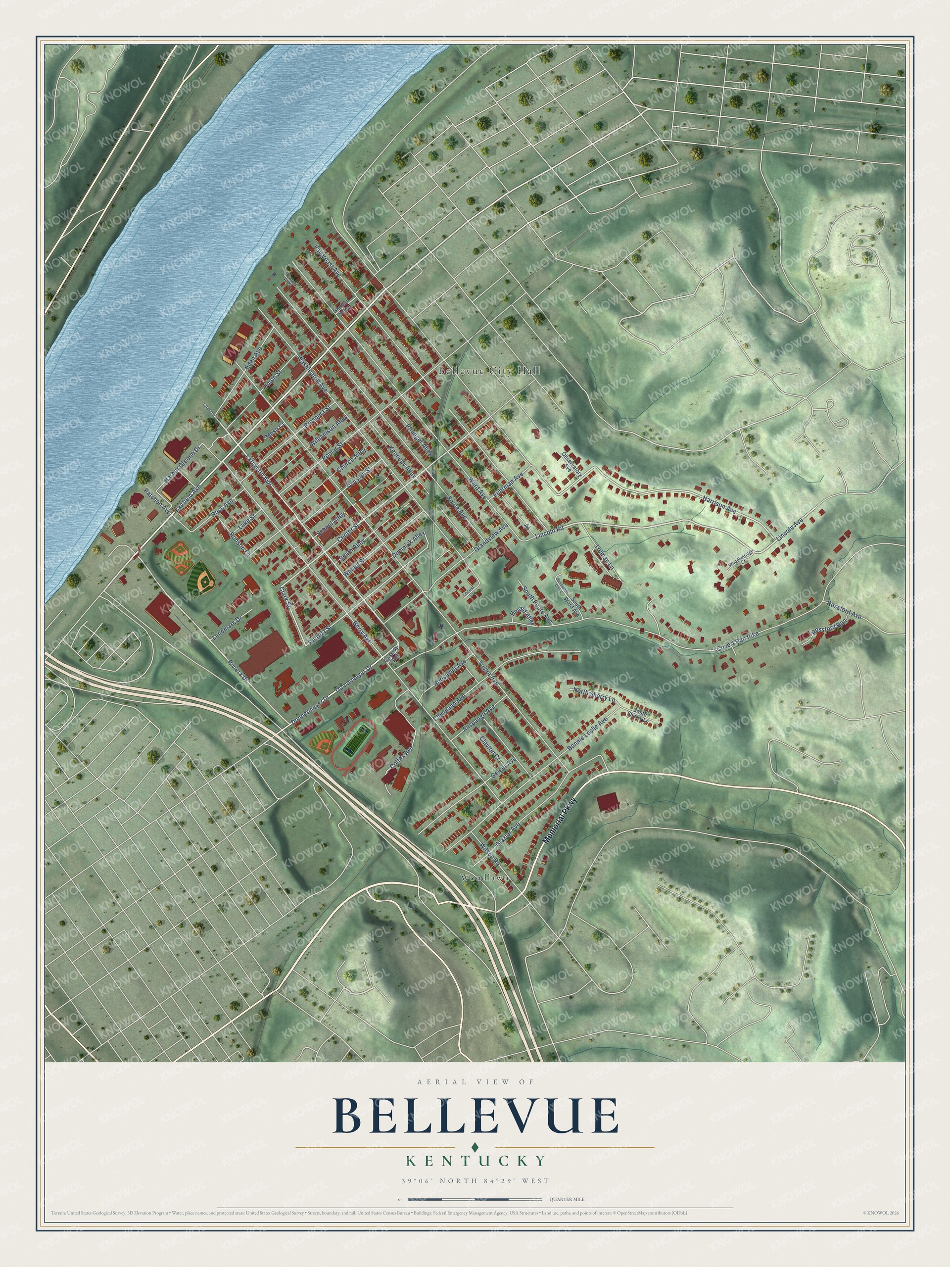 Full map of Bellevue, Kentucky, with red buildings, printed street names and the land around them