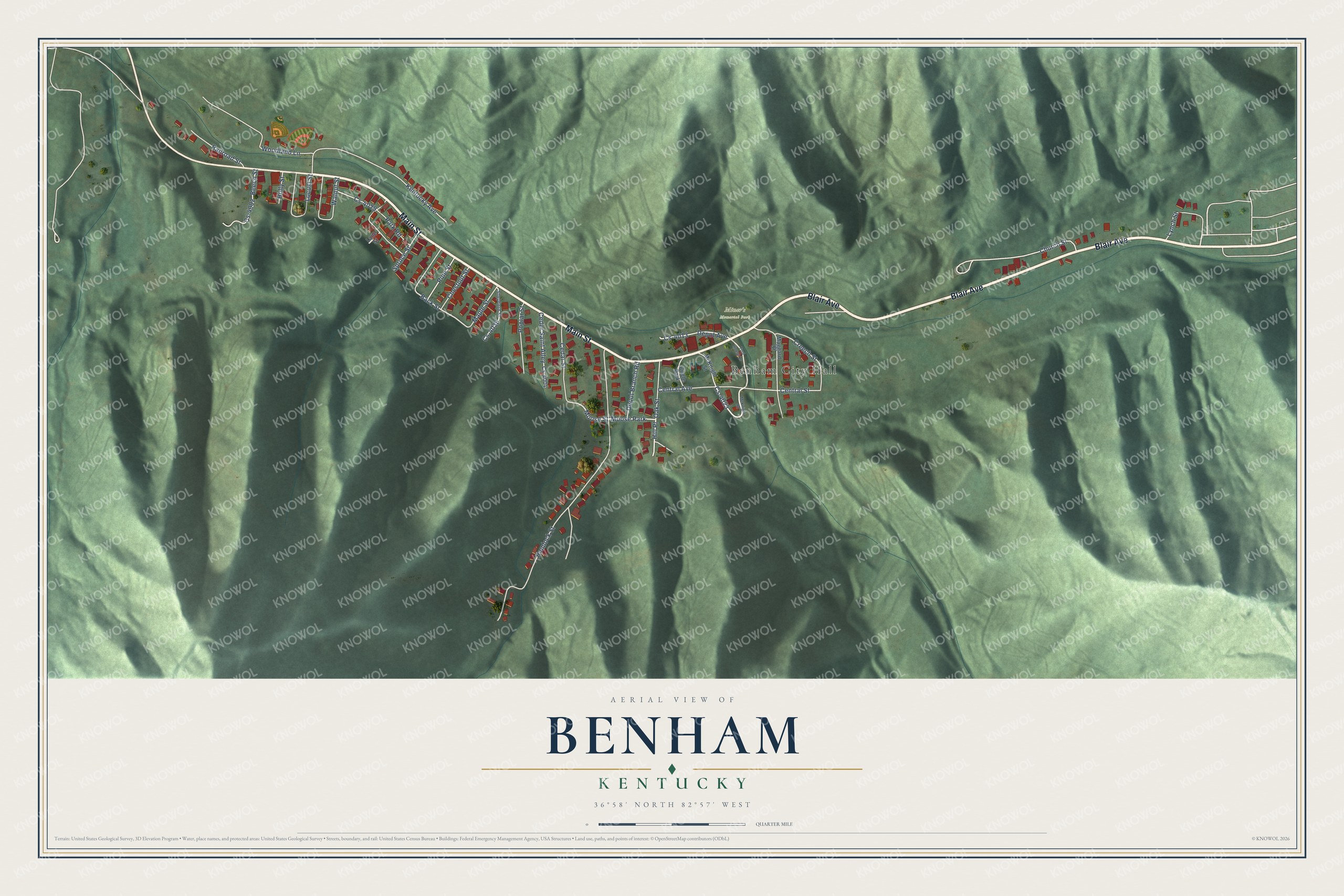Full map of Benham, Kentucky, with red buildings, printed street names and the land around them