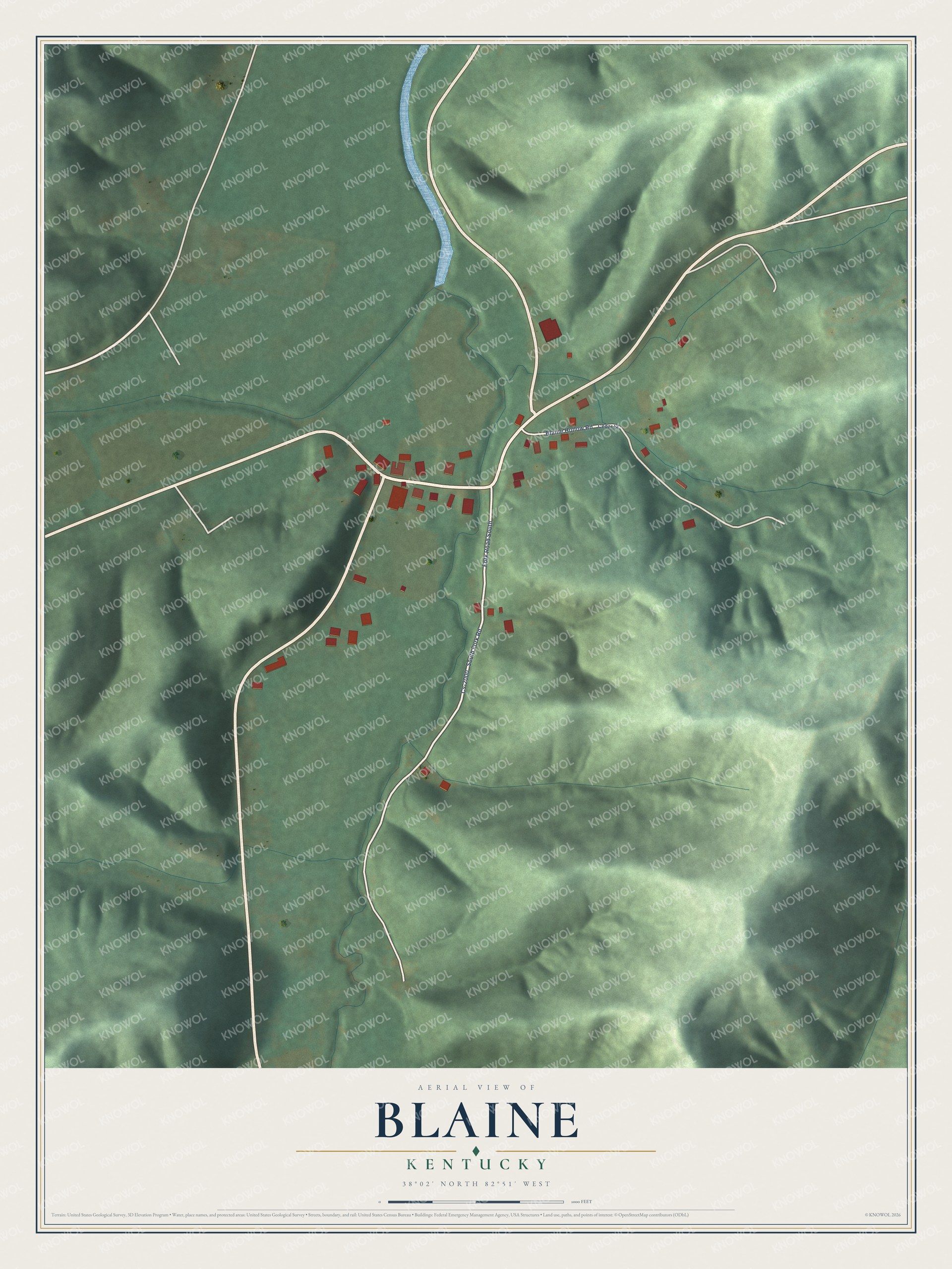 Full map of Blaine, Kentucky, with red buildings, printed street names and the land around them