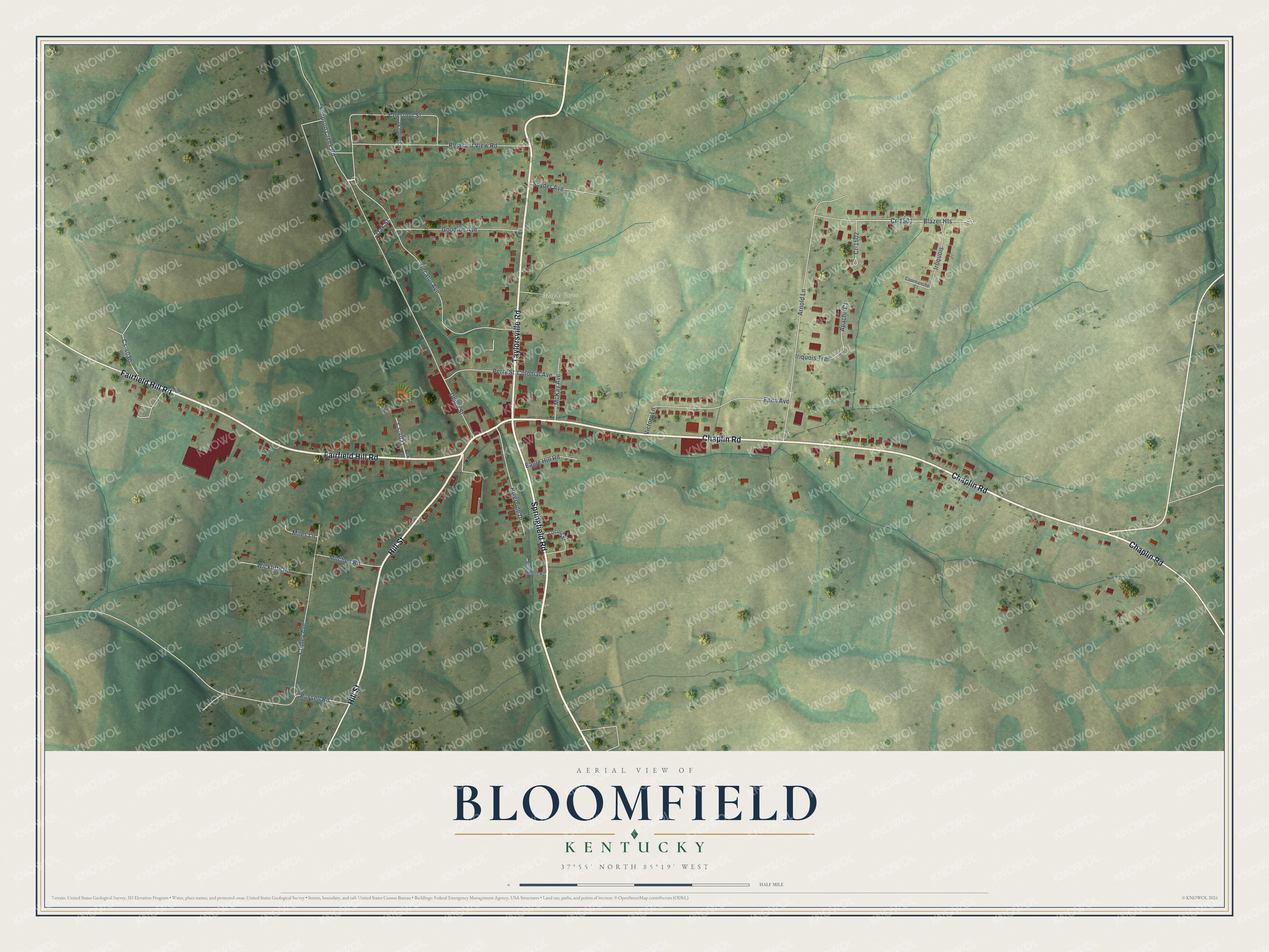 Full map of Bloomfield, Kentucky, with red buildings, printed street names and the land around them