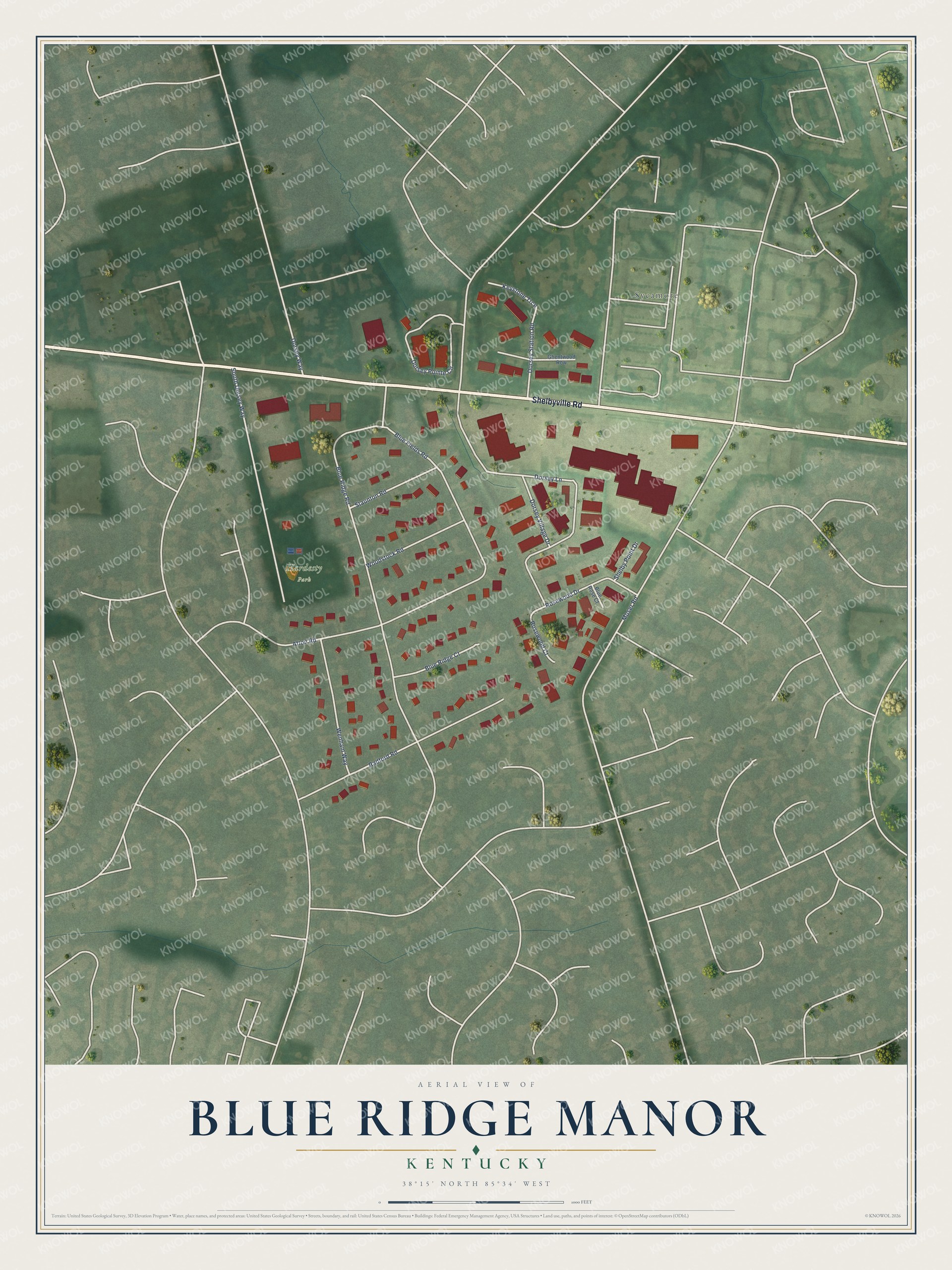 Full map of Blue Ridge Manor, Kentucky, with red buildings, printed street names and the land around them