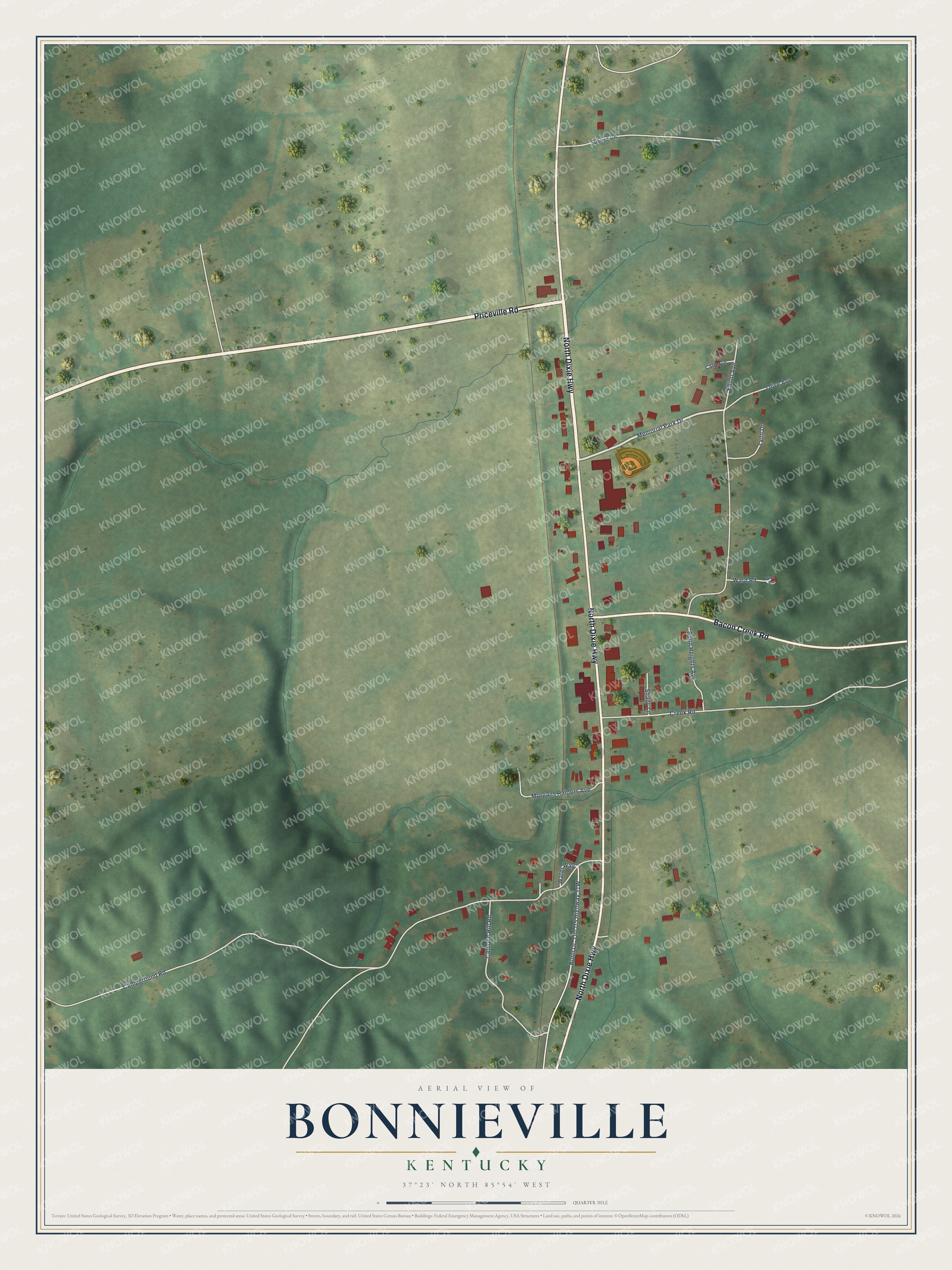 Full map of Bonnieville, Kentucky, with red buildings, printed street names and the land around them