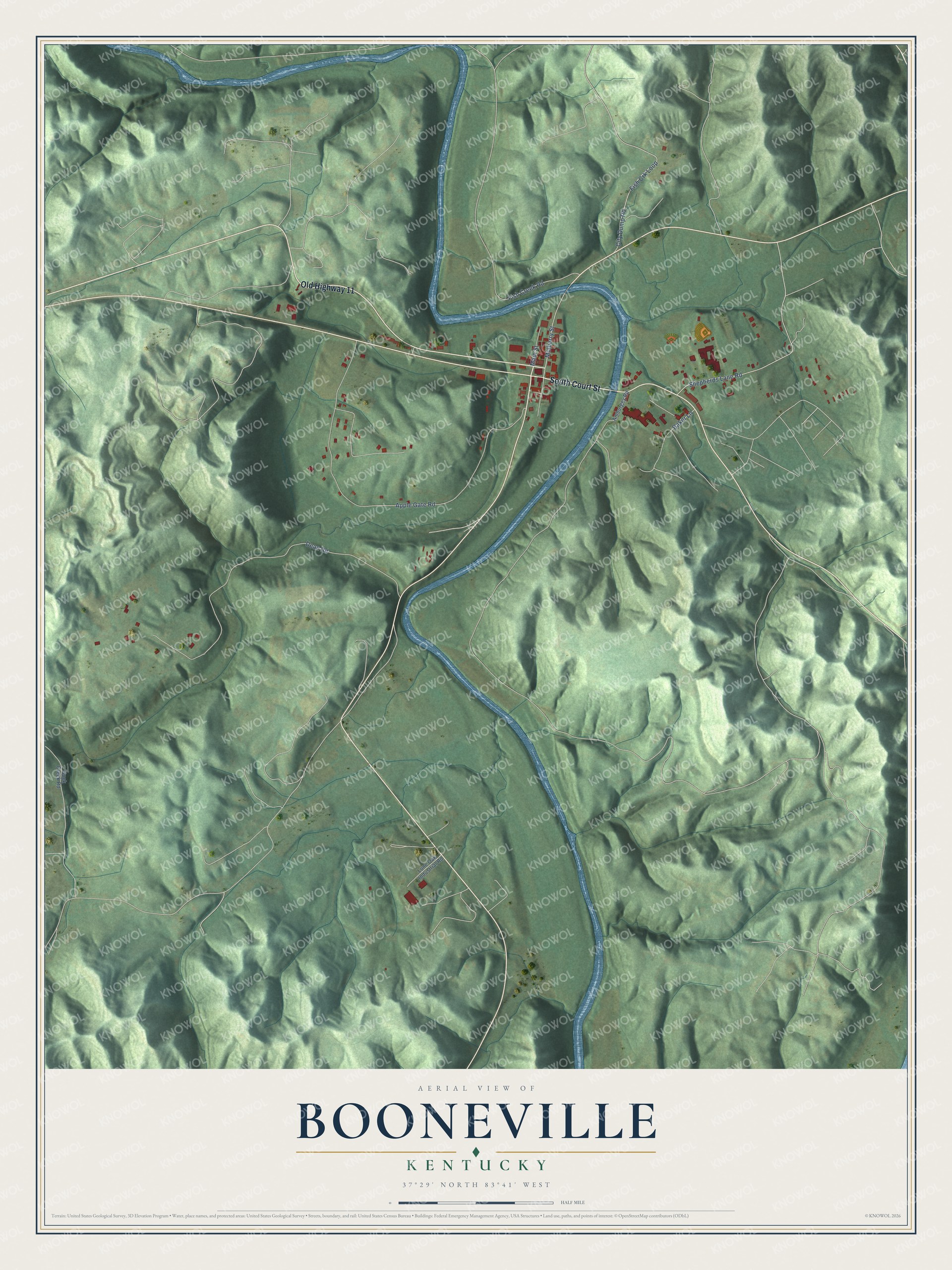 Full map of Booneville, Kentucky, with red buildings, printed street names and the land around them