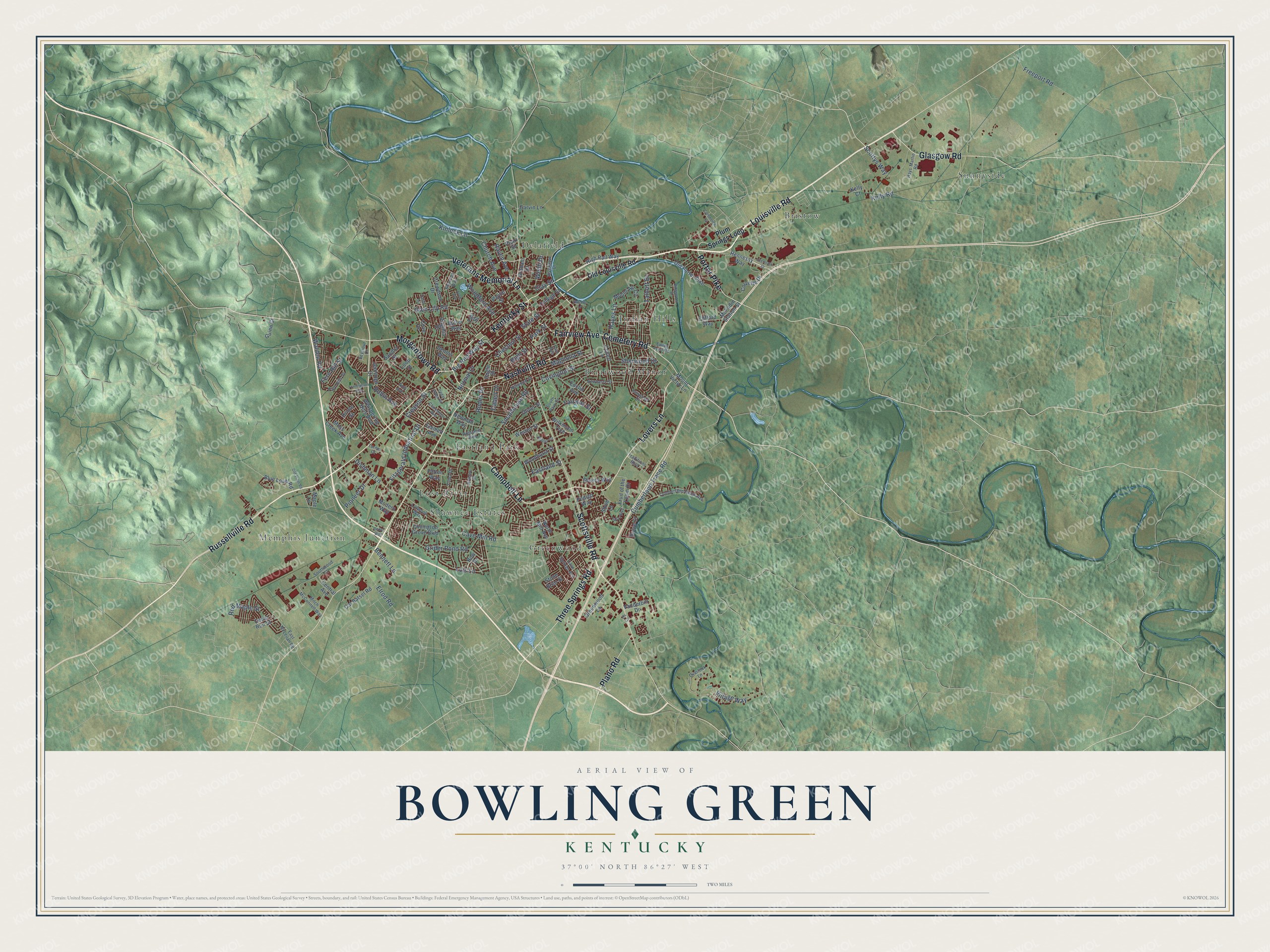 Full map of Bowling Green, Kentucky, with red buildings, printed street names and the land around them