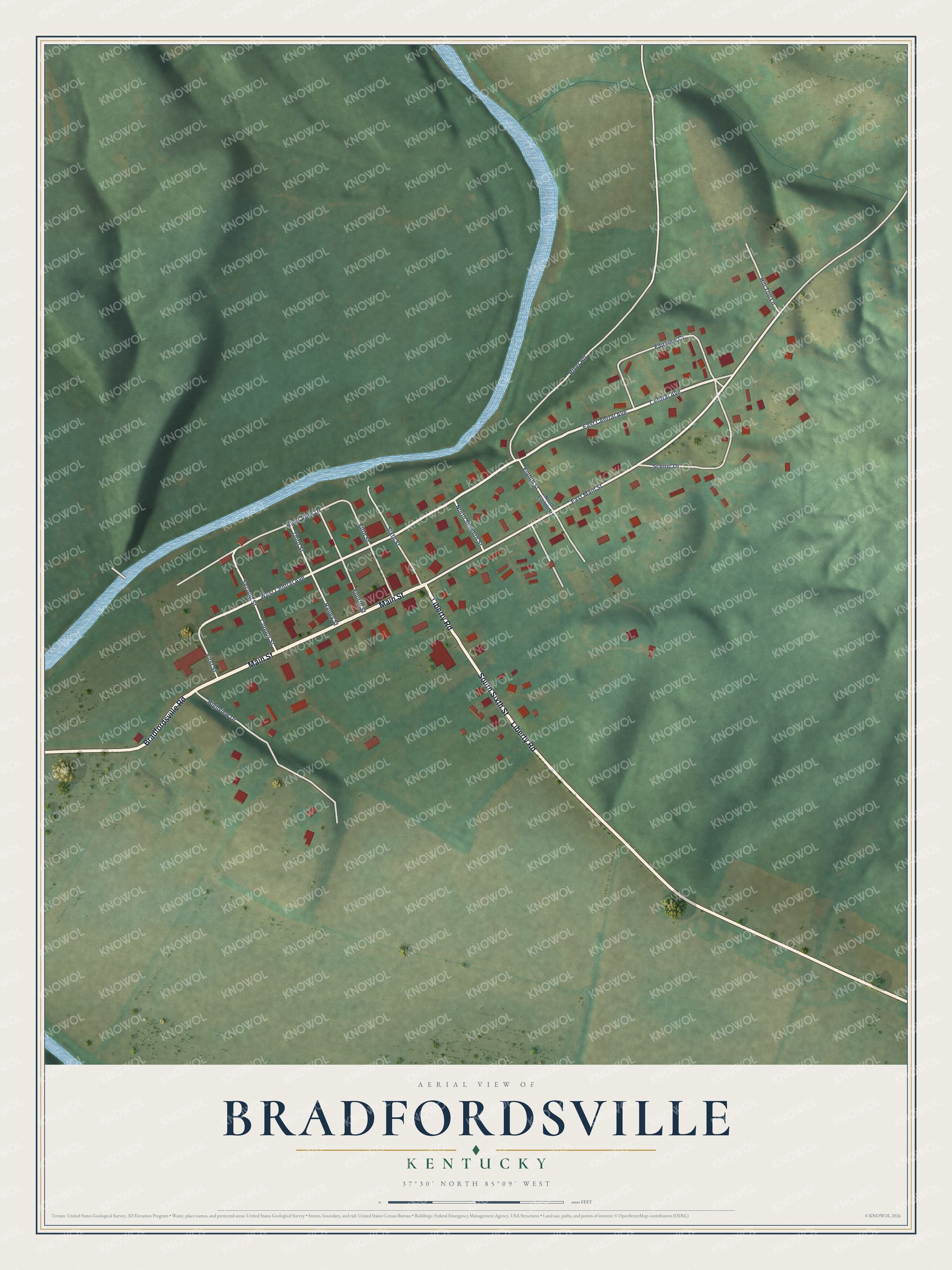 Full map of Bradfordsville, Kentucky, with red buildings, printed street names and the land around them