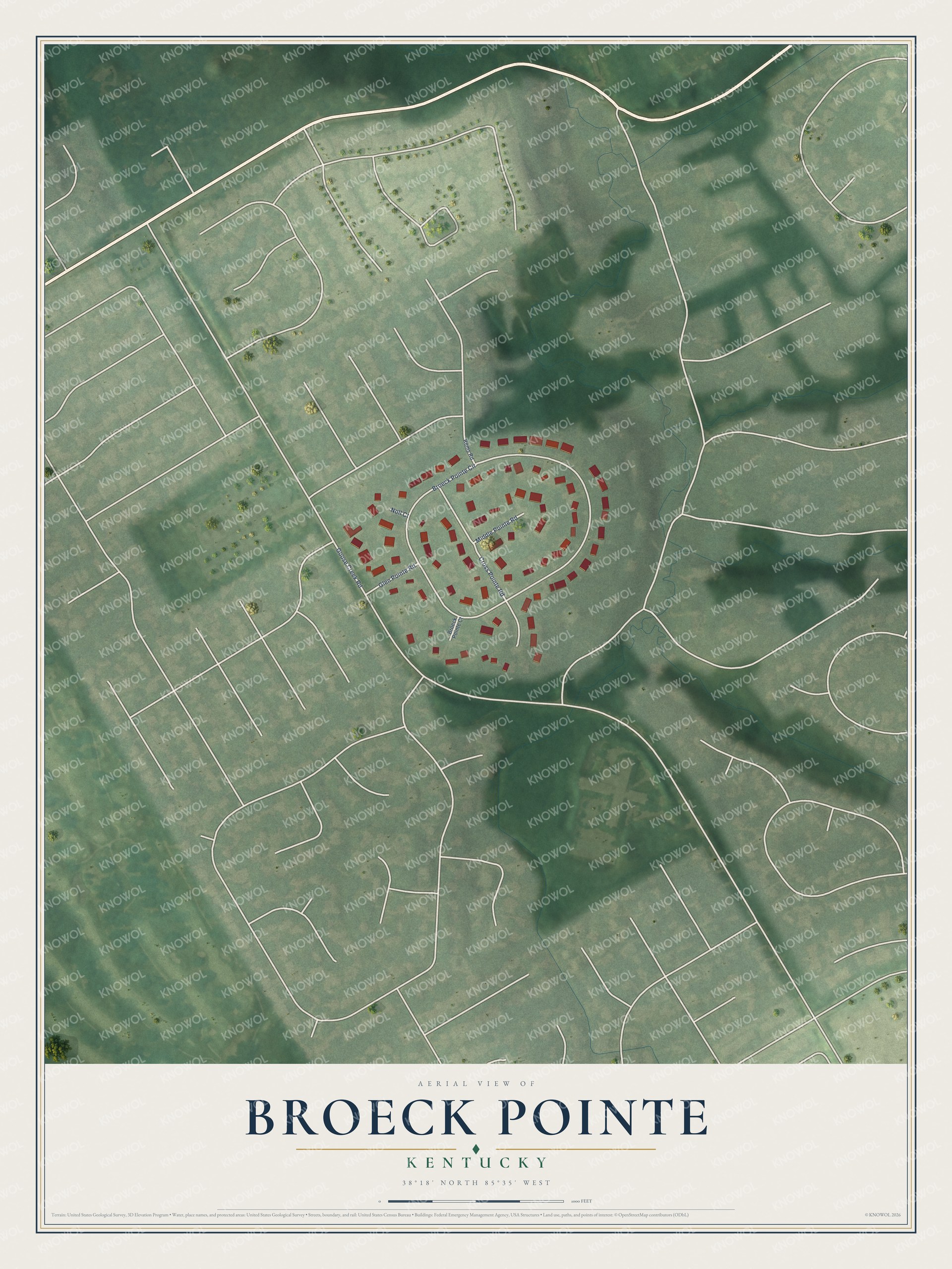 Full map of Broeck Pointe, Kentucky, with red buildings, printed street names and the land around them