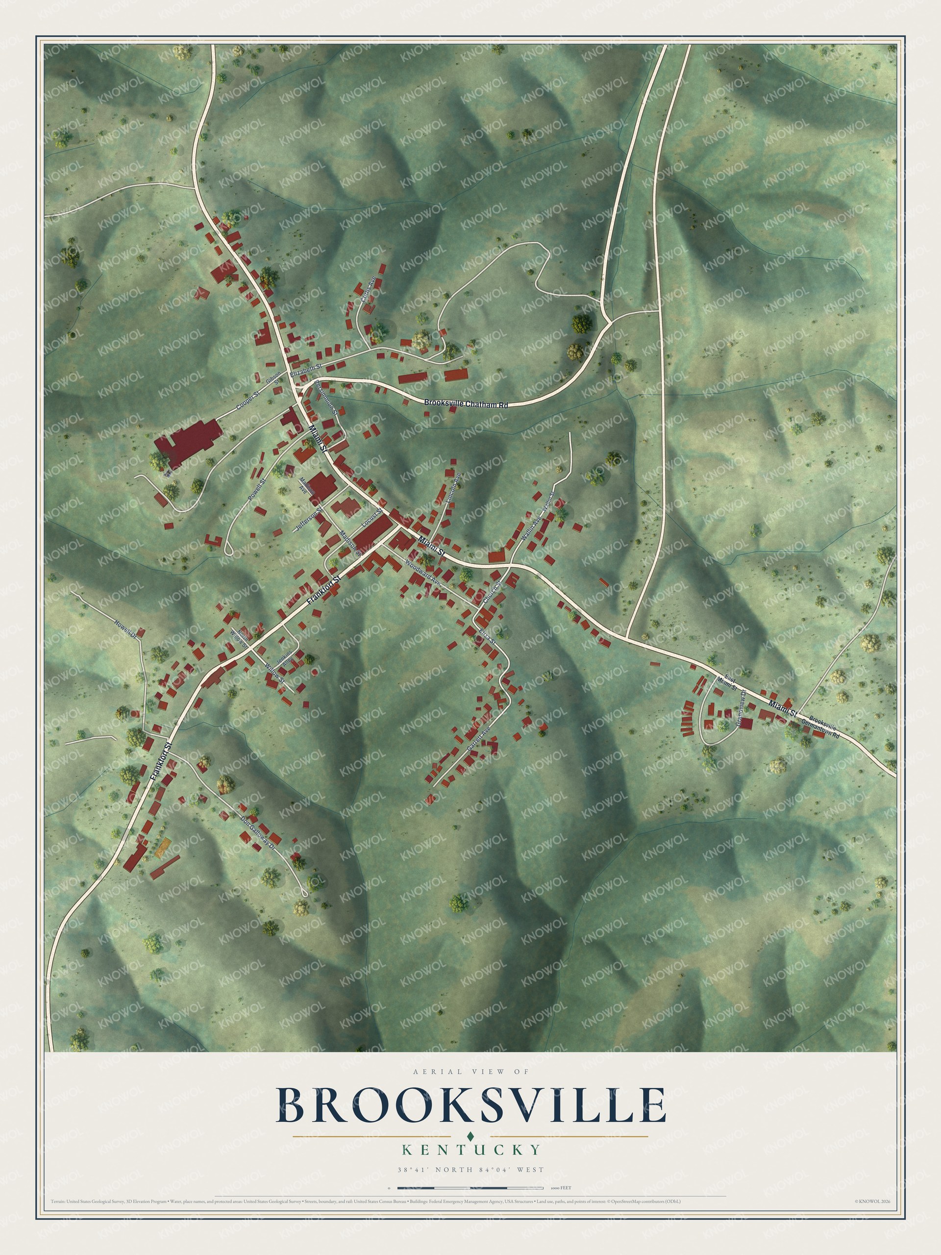 Full map of Brooksville, Kentucky, with red buildings, printed street names and the land around them