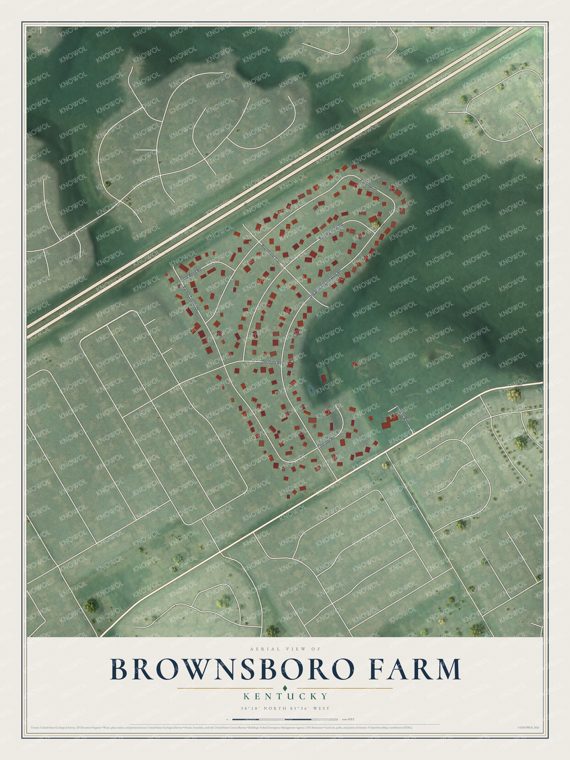 Full map of Brownsboro Farm, Kentucky, with red buildings, printed street names and the land around them