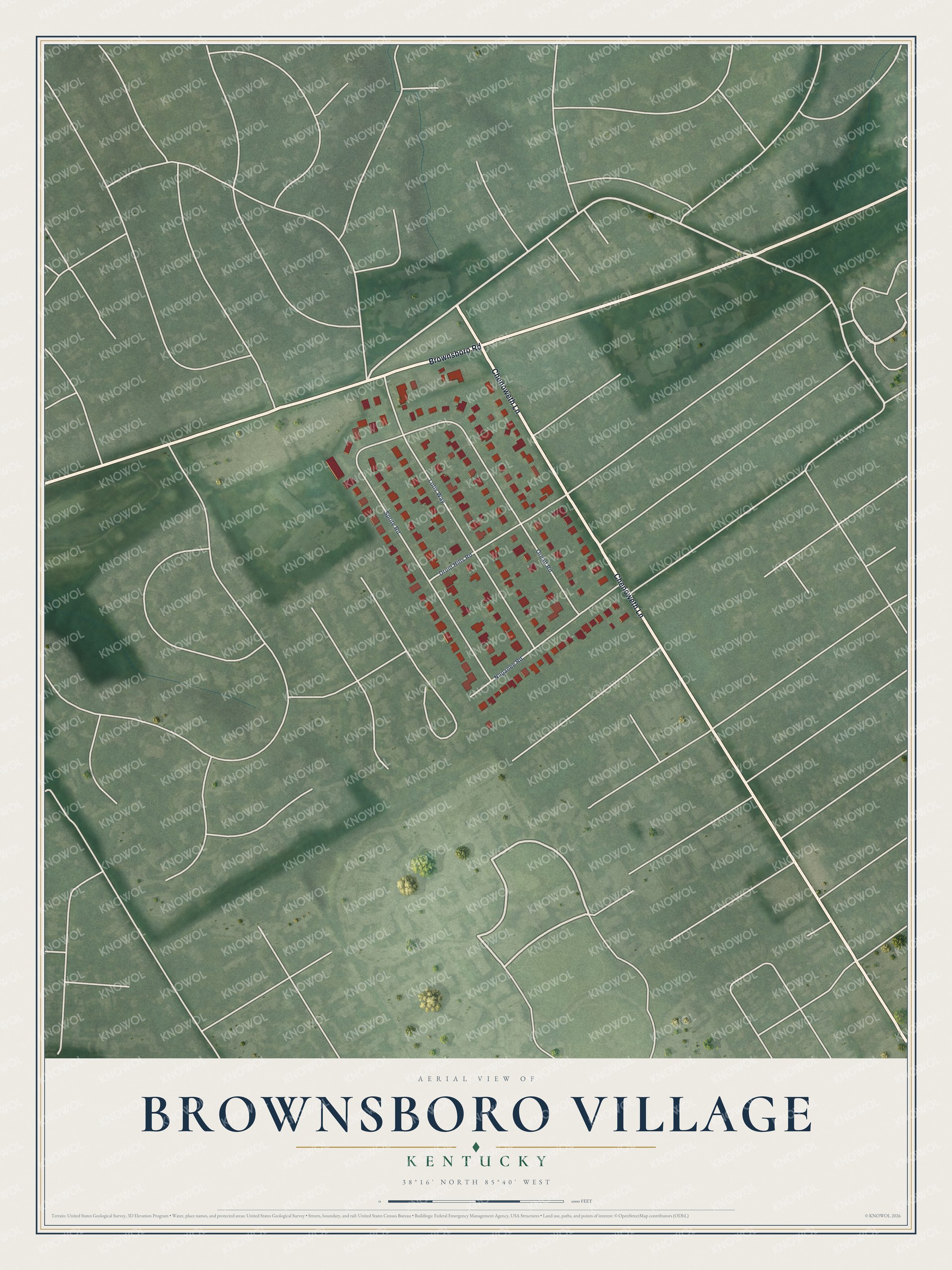 Full map of Brownsboro Village, Kentucky, with red buildings, printed street names and the land around them