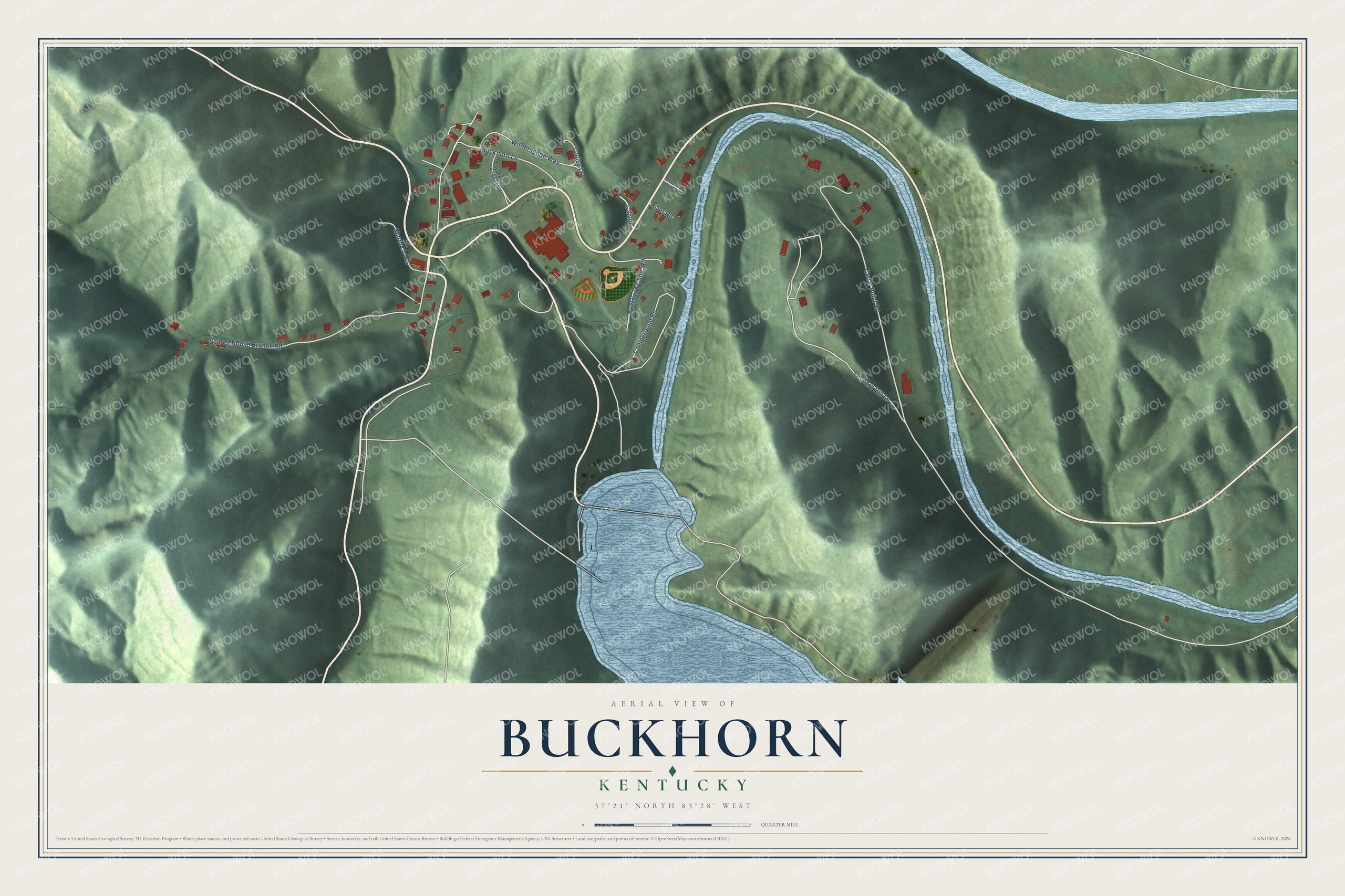 Full map of Buckhorn, Kentucky, with red buildings, printed street names and the land around them