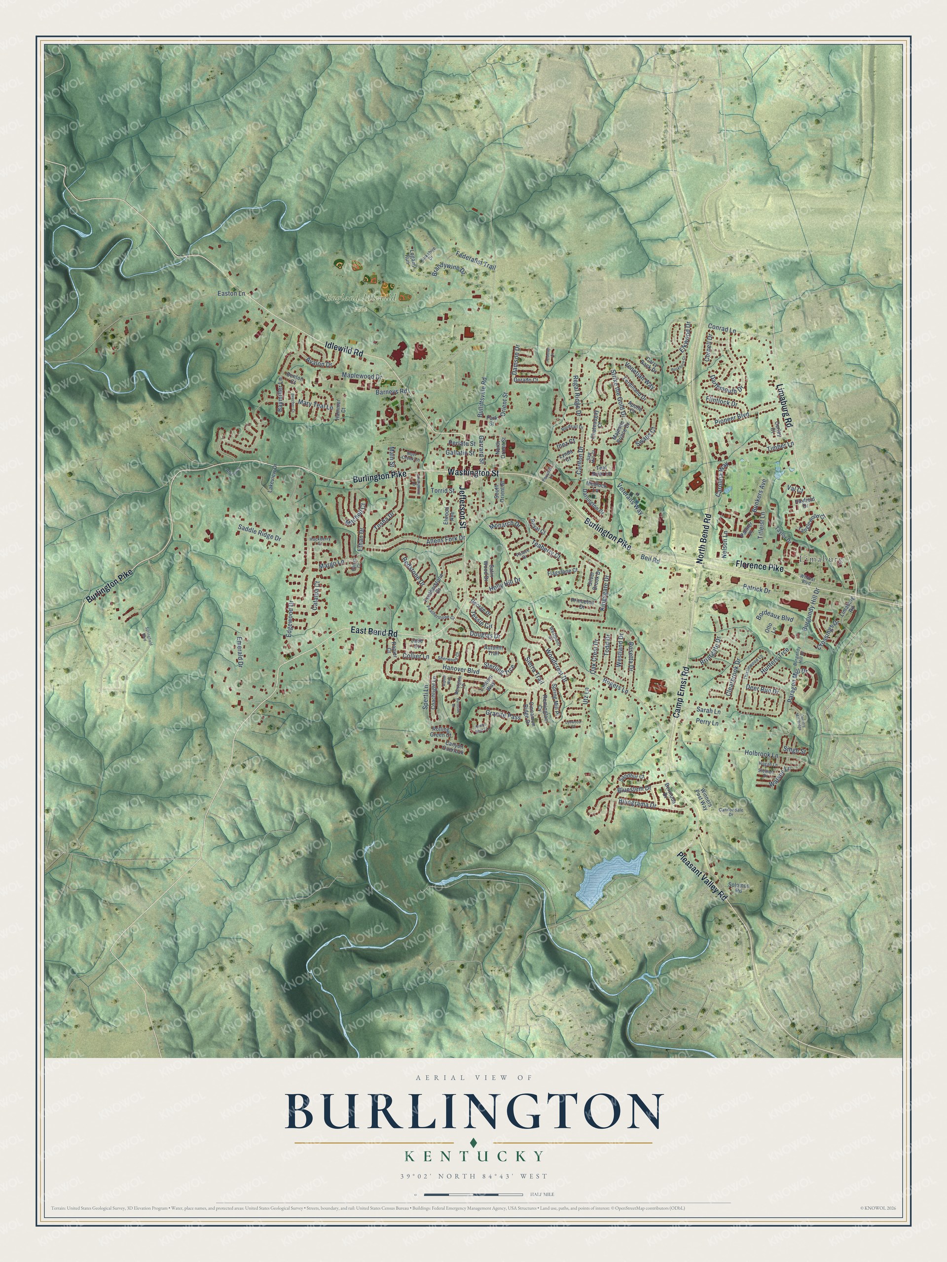 Full map of Burlington, Kentucky, with red buildings, printed street names and the land around them