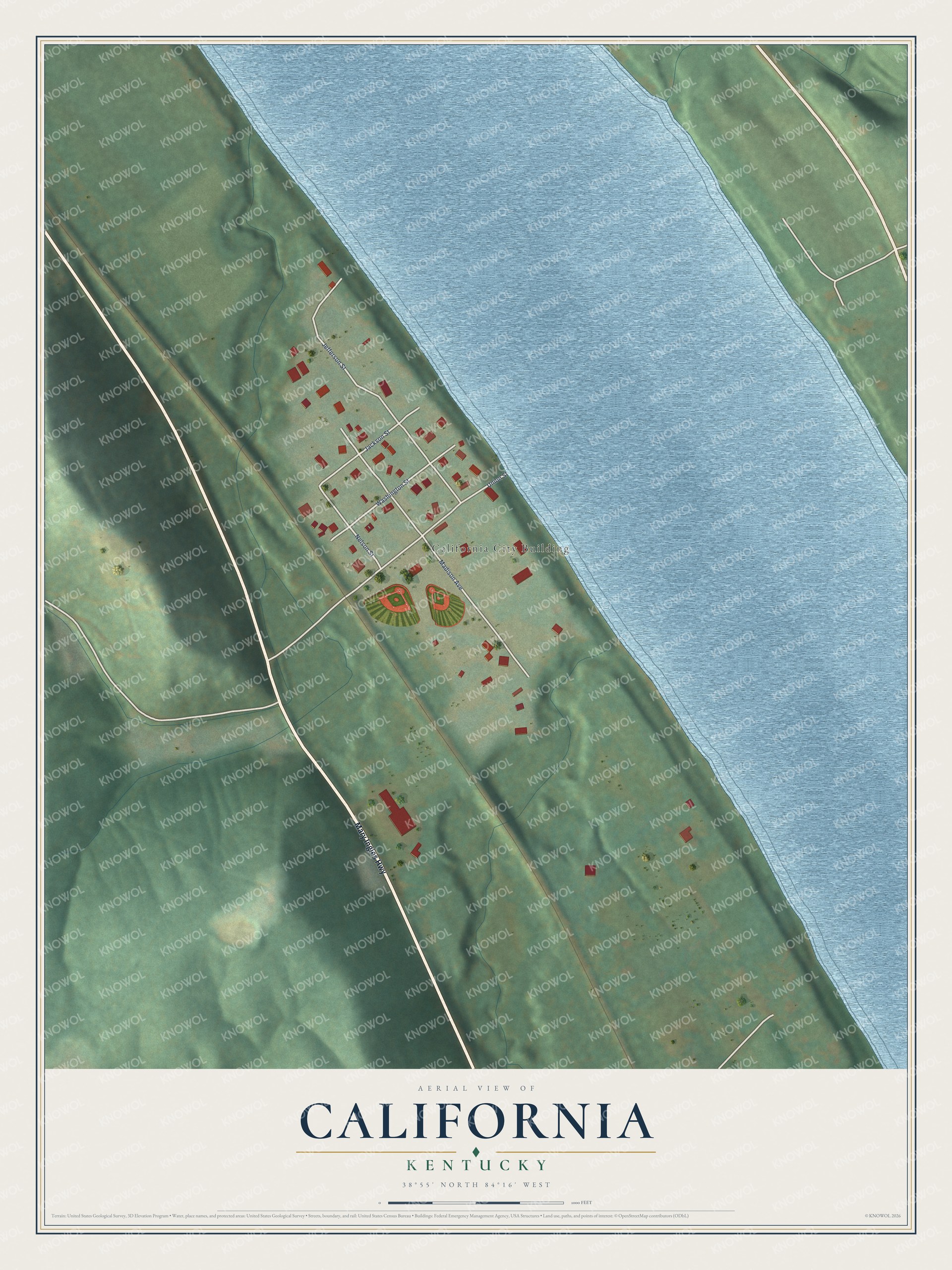 Full map of California, Kentucky, with red buildings, printed street names and the land around them