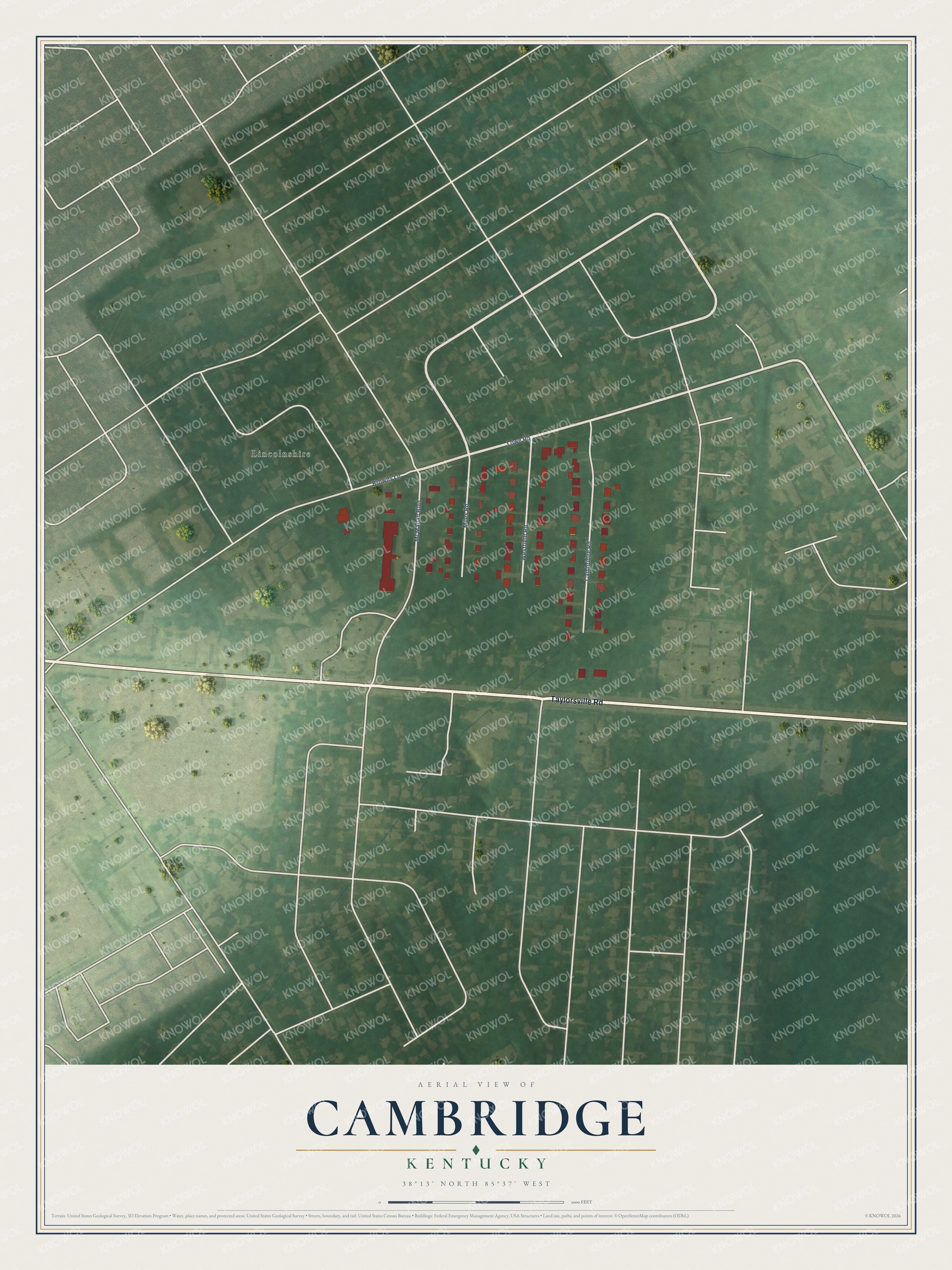 Full map of Cambridge, Kentucky, with red buildings, printed street names and the land around them