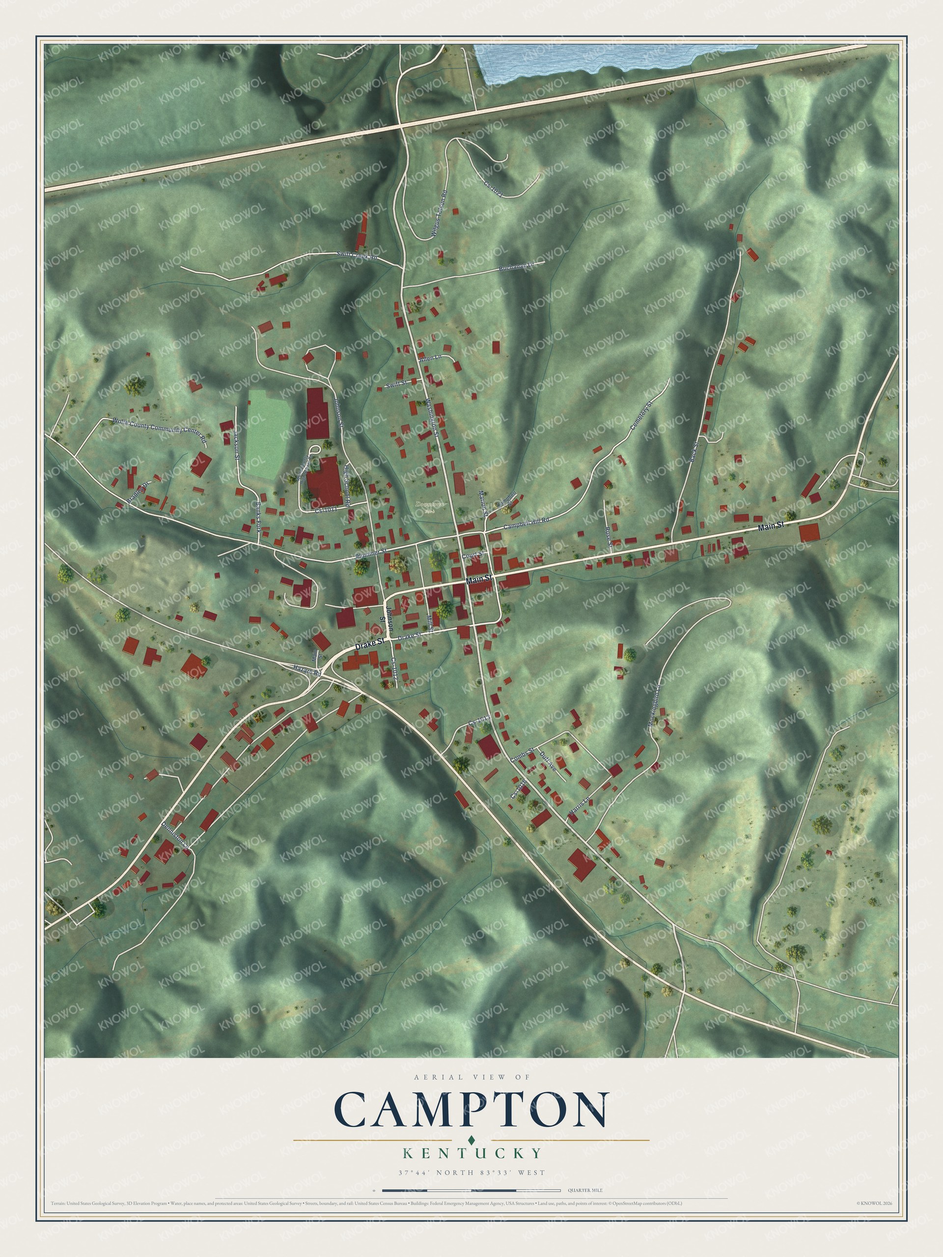 Full map of Campton, Kentucky, with red buildings, printed street names and the land around them