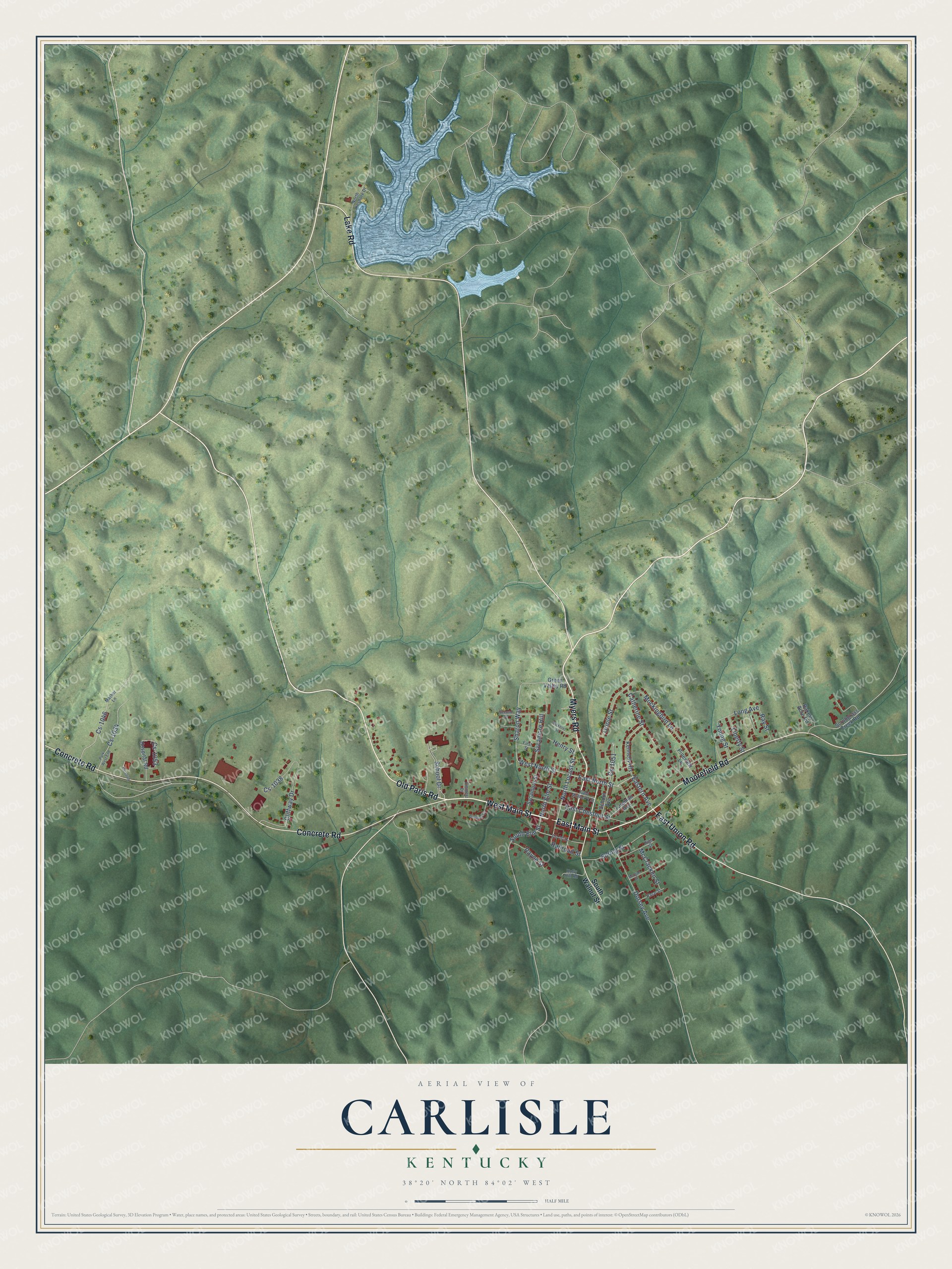 Full map of Carlisle, Kentucky, with red buildings, printed street names and the land around them