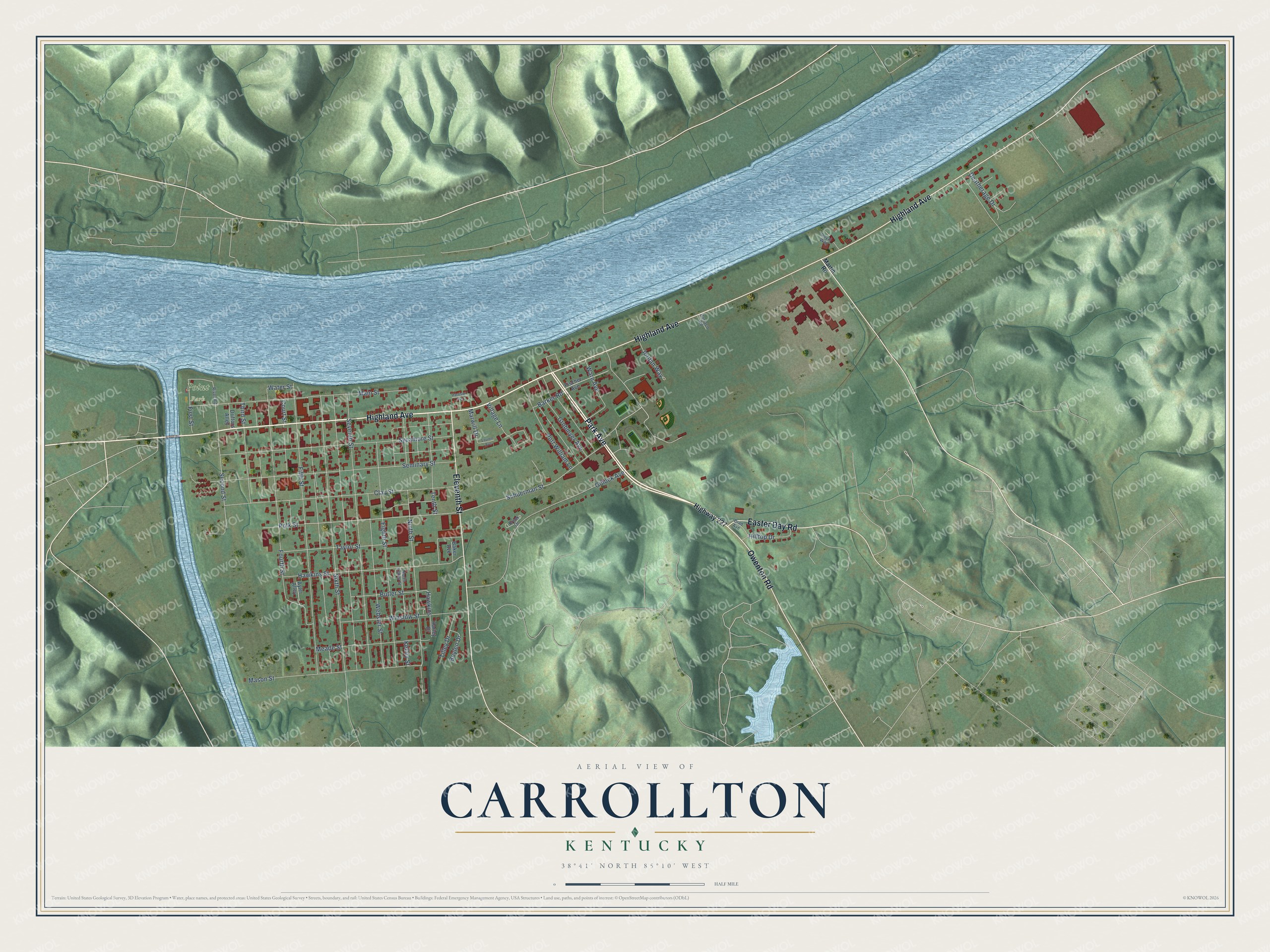 Full map of Carrollton, Kentucky, with red buildings, printed street names and the land around them