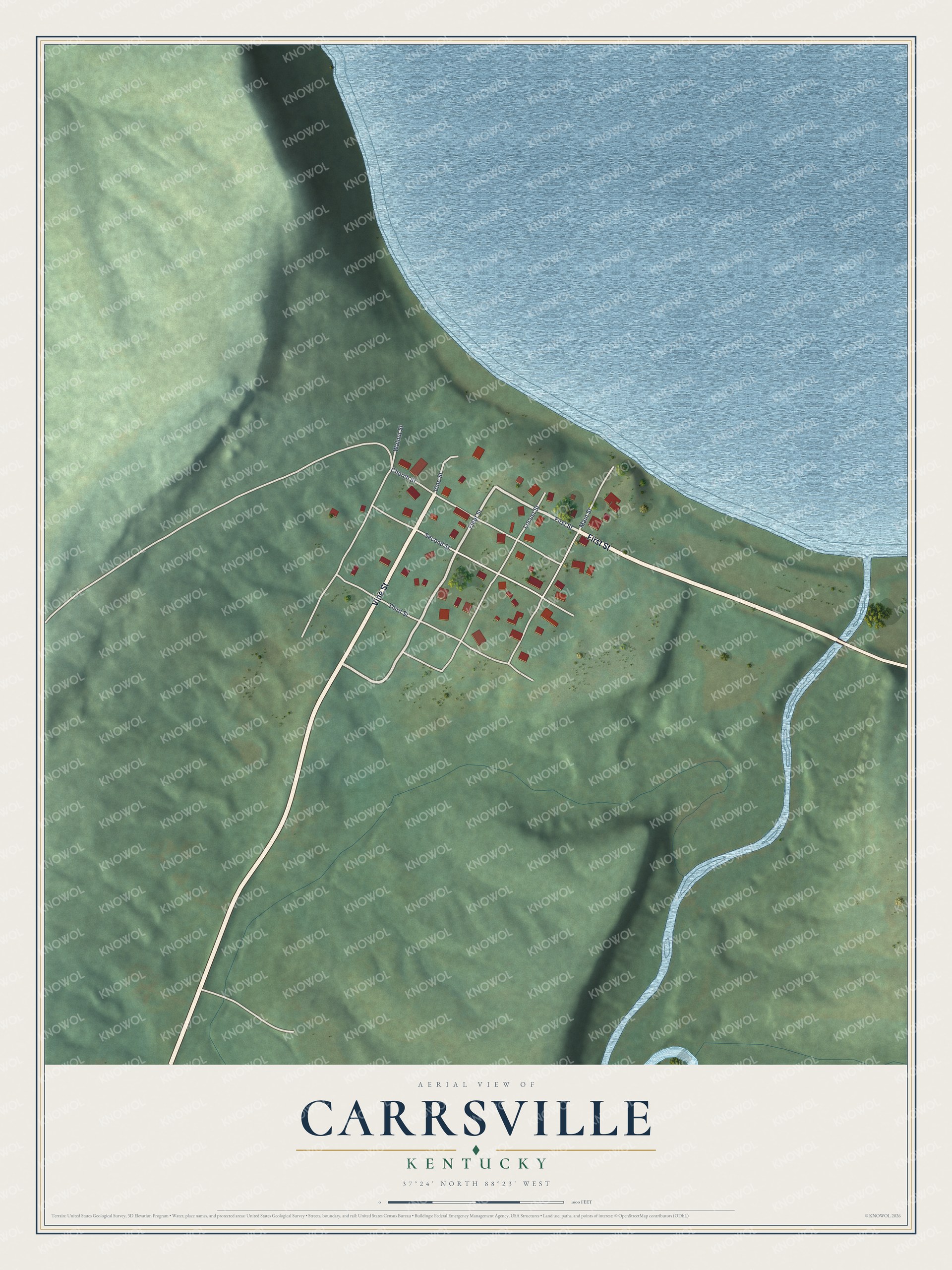 Full map of Carrsville, Kentucky, with red buildings, printed street names and the land around them
