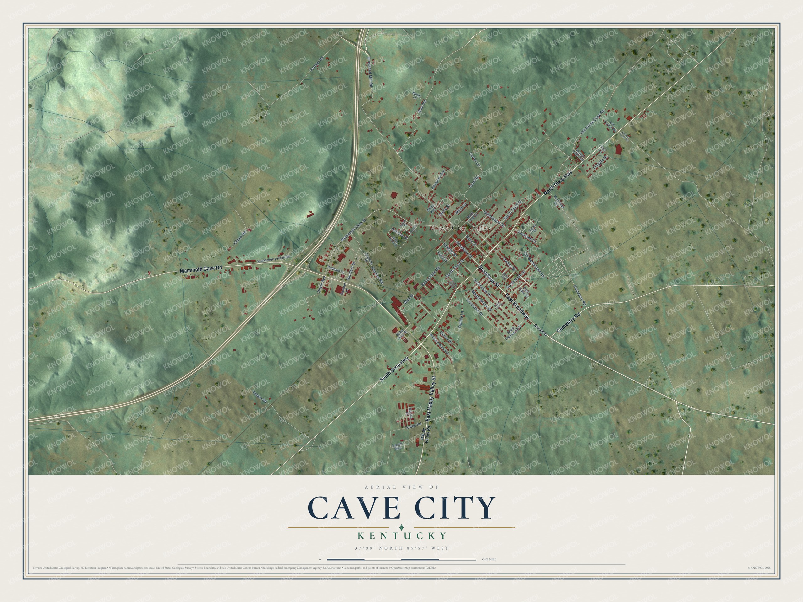 Full map of Cave City, Kentucky, with red buildings, printed street names and the land around them