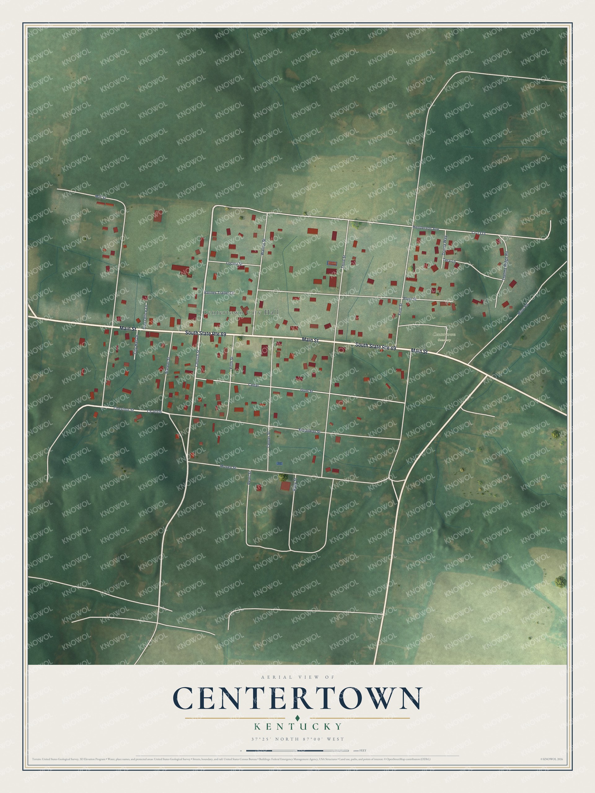 Full map of Centertown, Kentucky, with red buildings, printed street names and the land around them