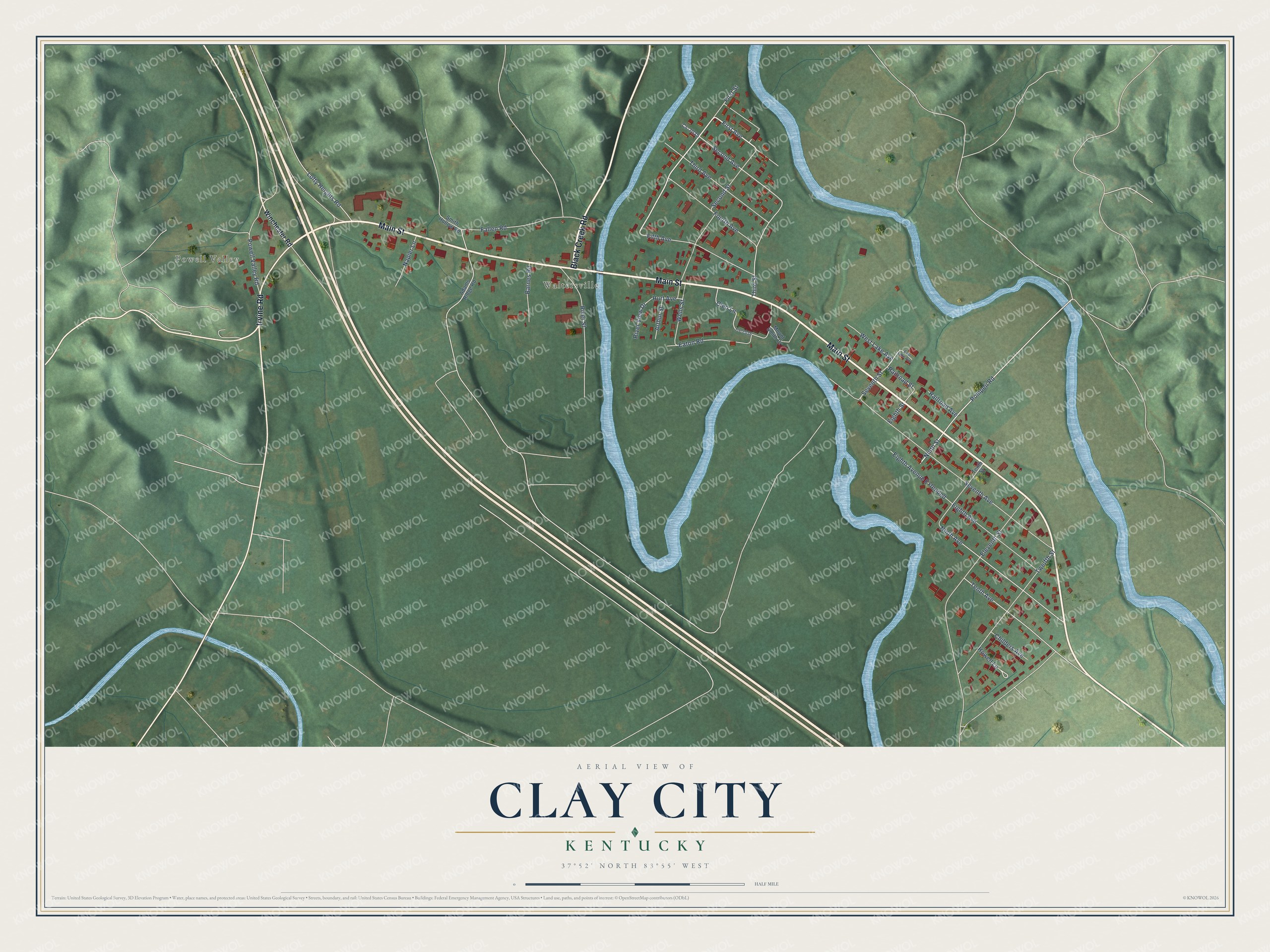 Full map of Clay City, Kentucky, with red buildings, printed street names and the land around them
