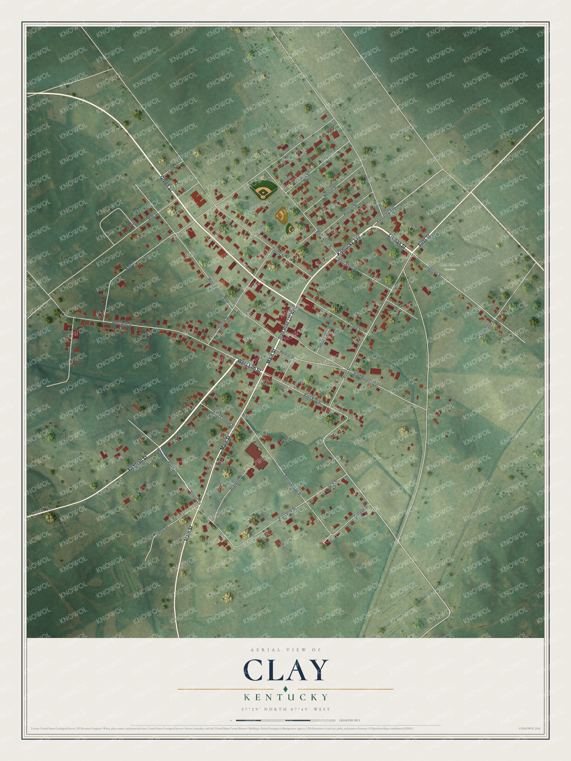 Full map of Clay, Kentucky, with red buildings, printed street names and the land around them