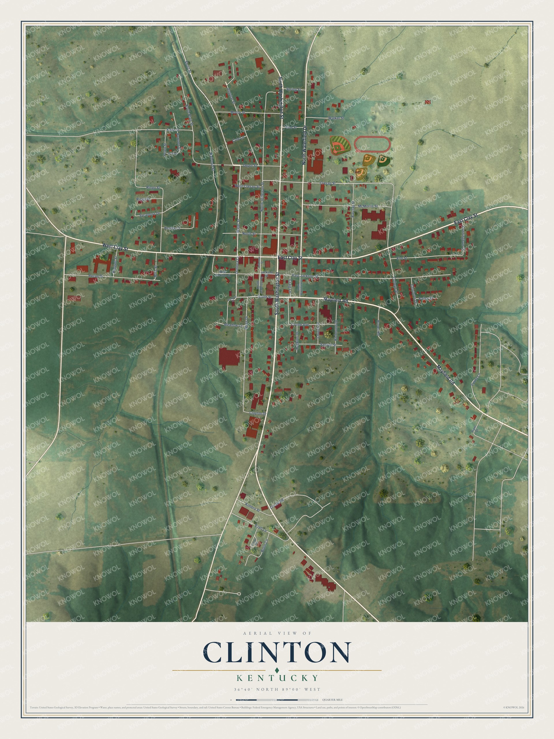 Full map of Clinton, Kentucky, with red buildings, printed street names and the land around them