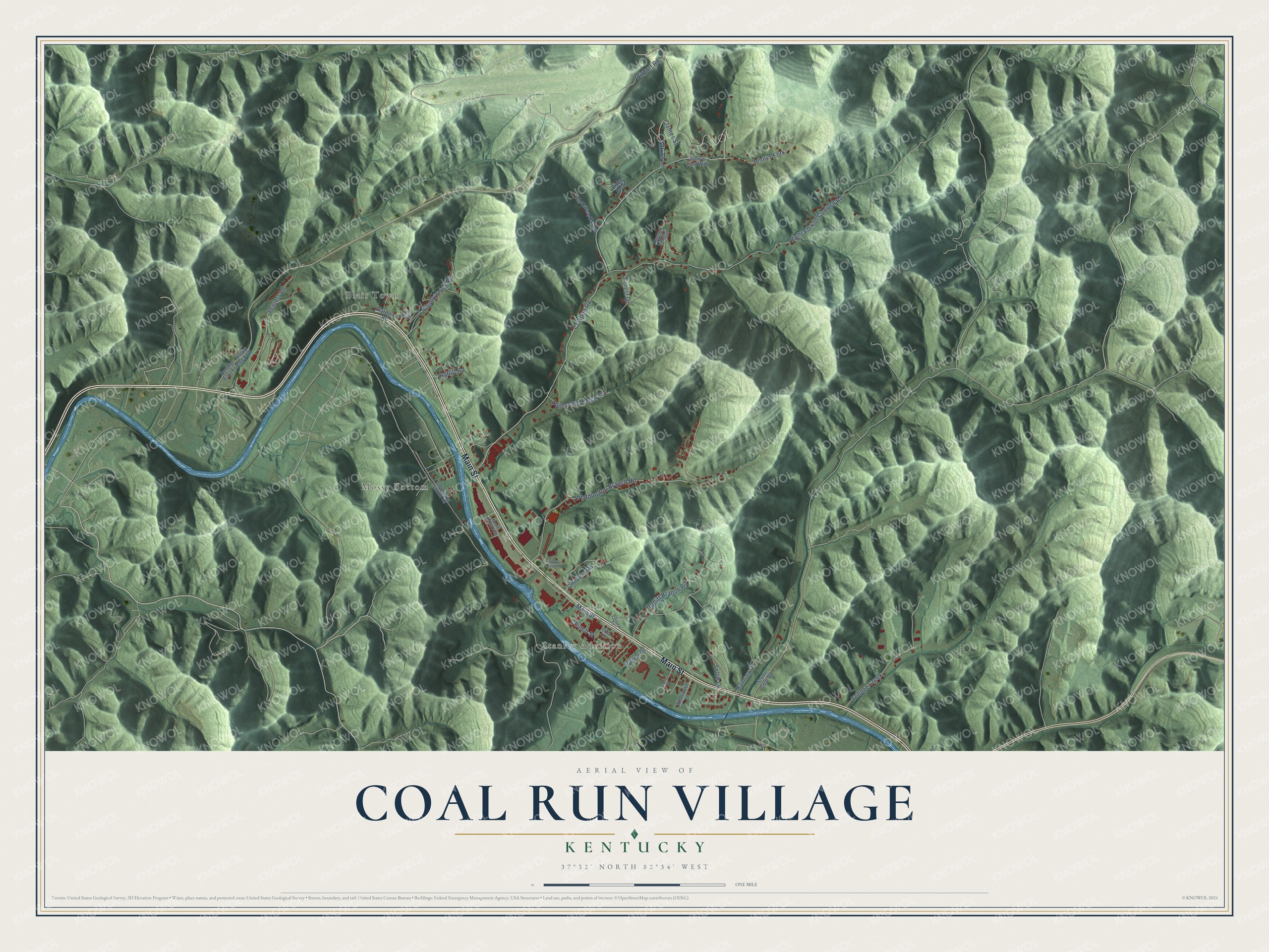 Full map of Coal Run Village, Kentucky, with red buildings, printed street names and the land around them