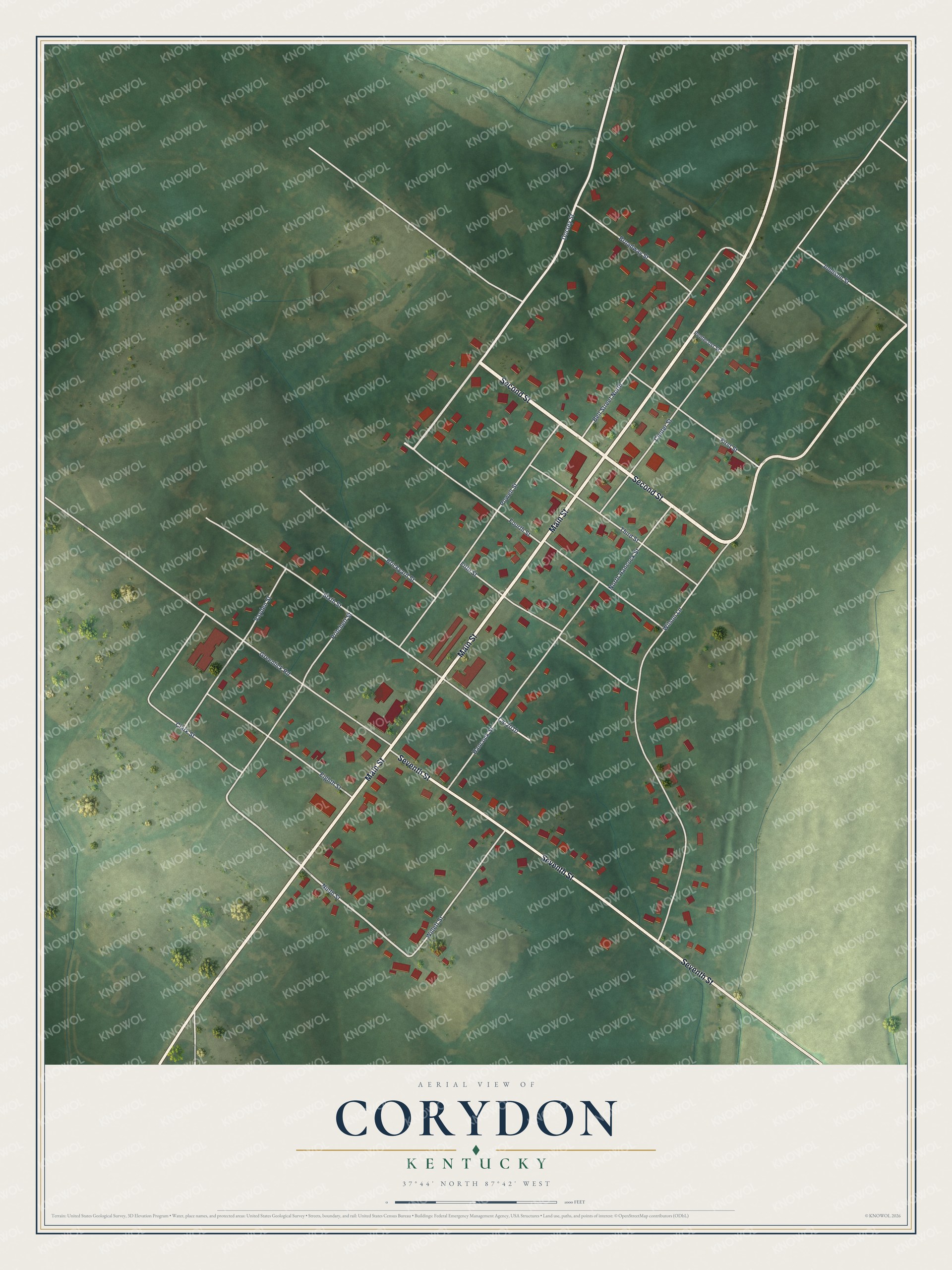 Full map of Corydon, Kentucky, with red buildings, printed street names and the land around them