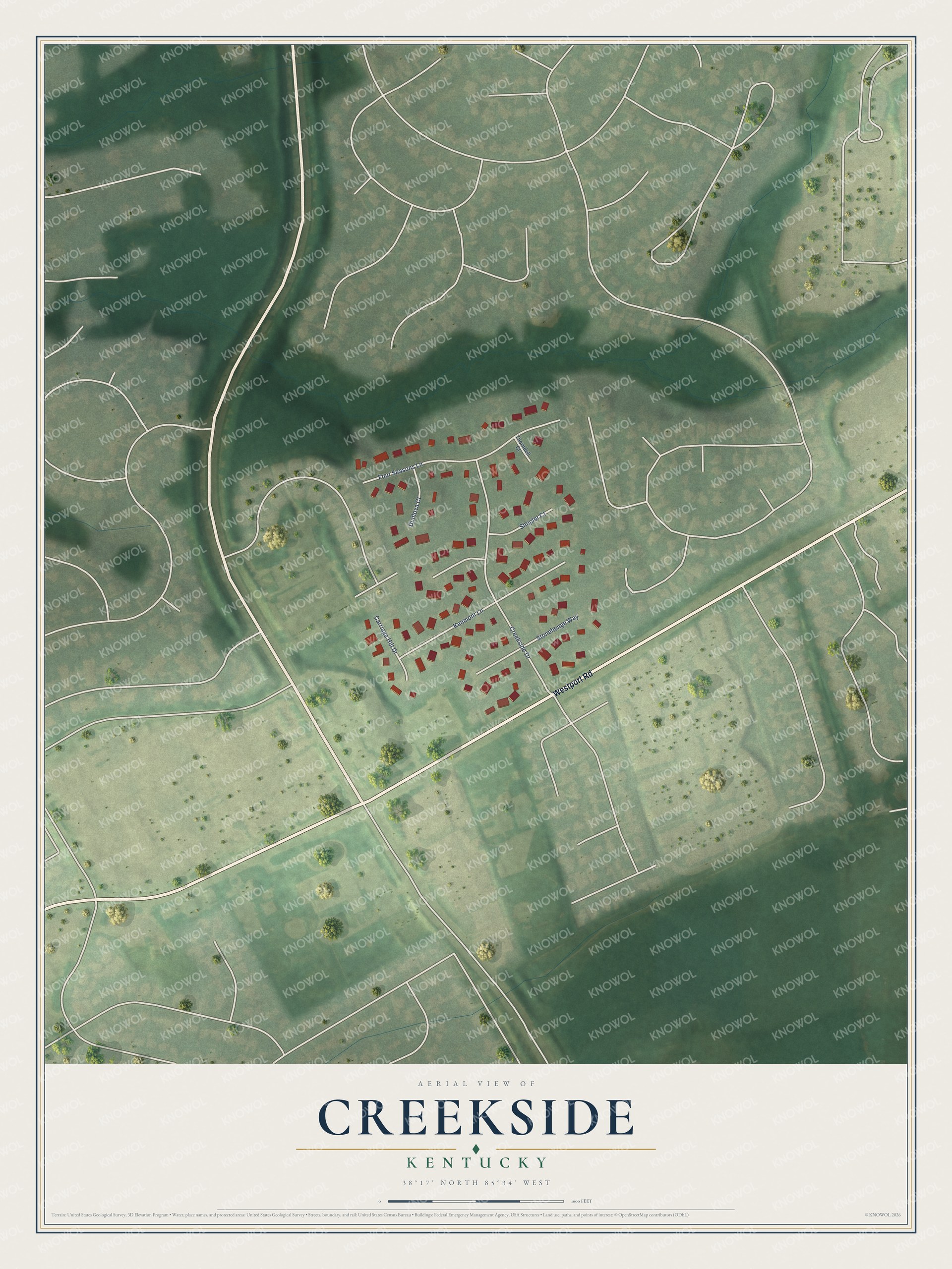 Full map of Creekside, Kentucky, with red buildings, printed street names and the land around them