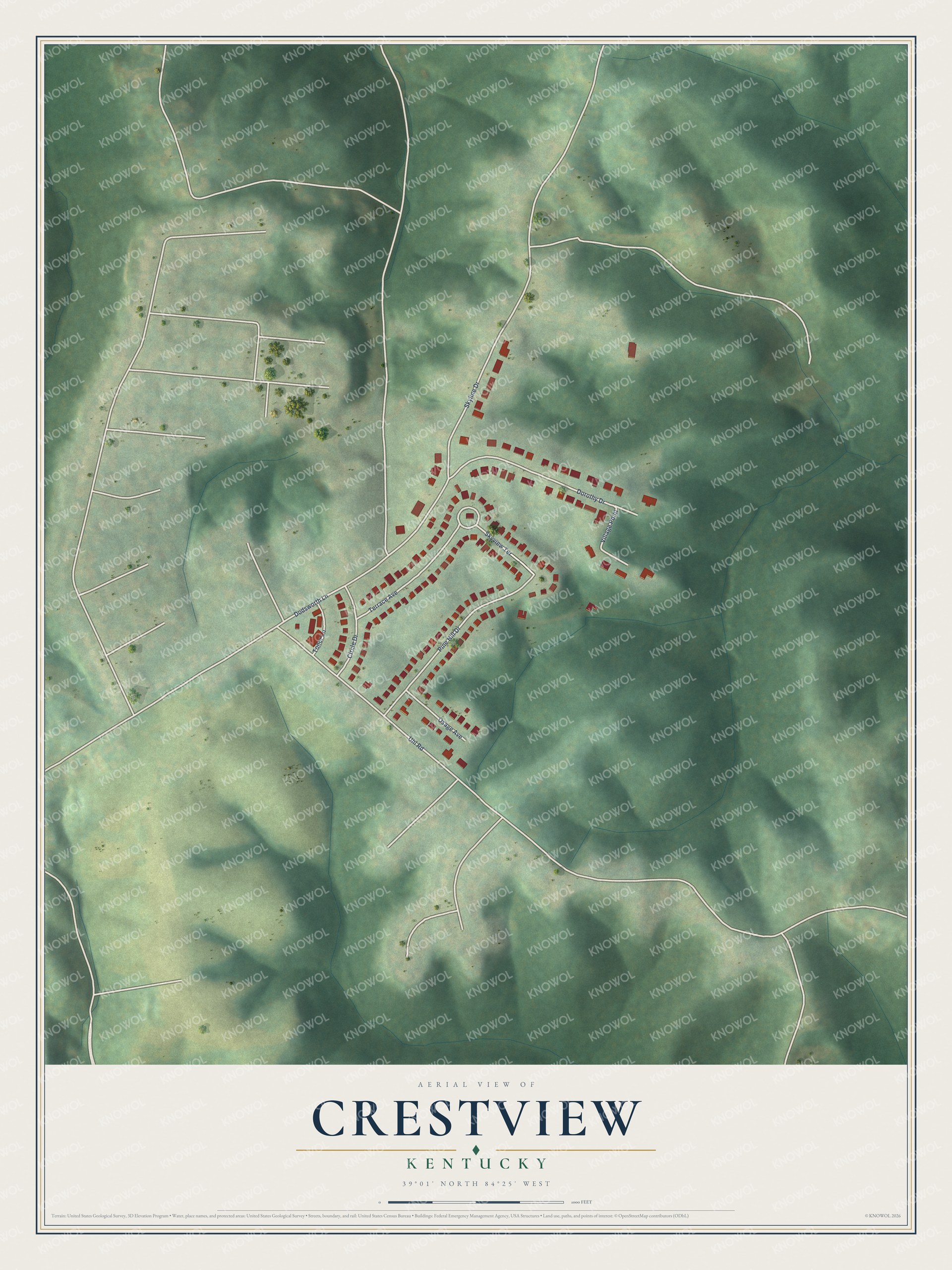 Full map of Crestview, Kentucky, with red buildings, printed street names and the land around them
