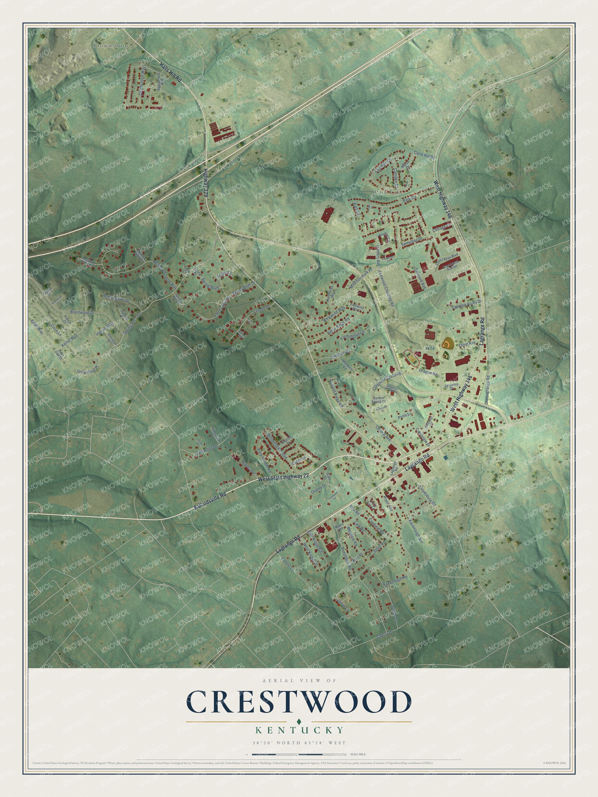 Full map of Crestwood, Kentucky, with red buildings, printed street names and the land around them