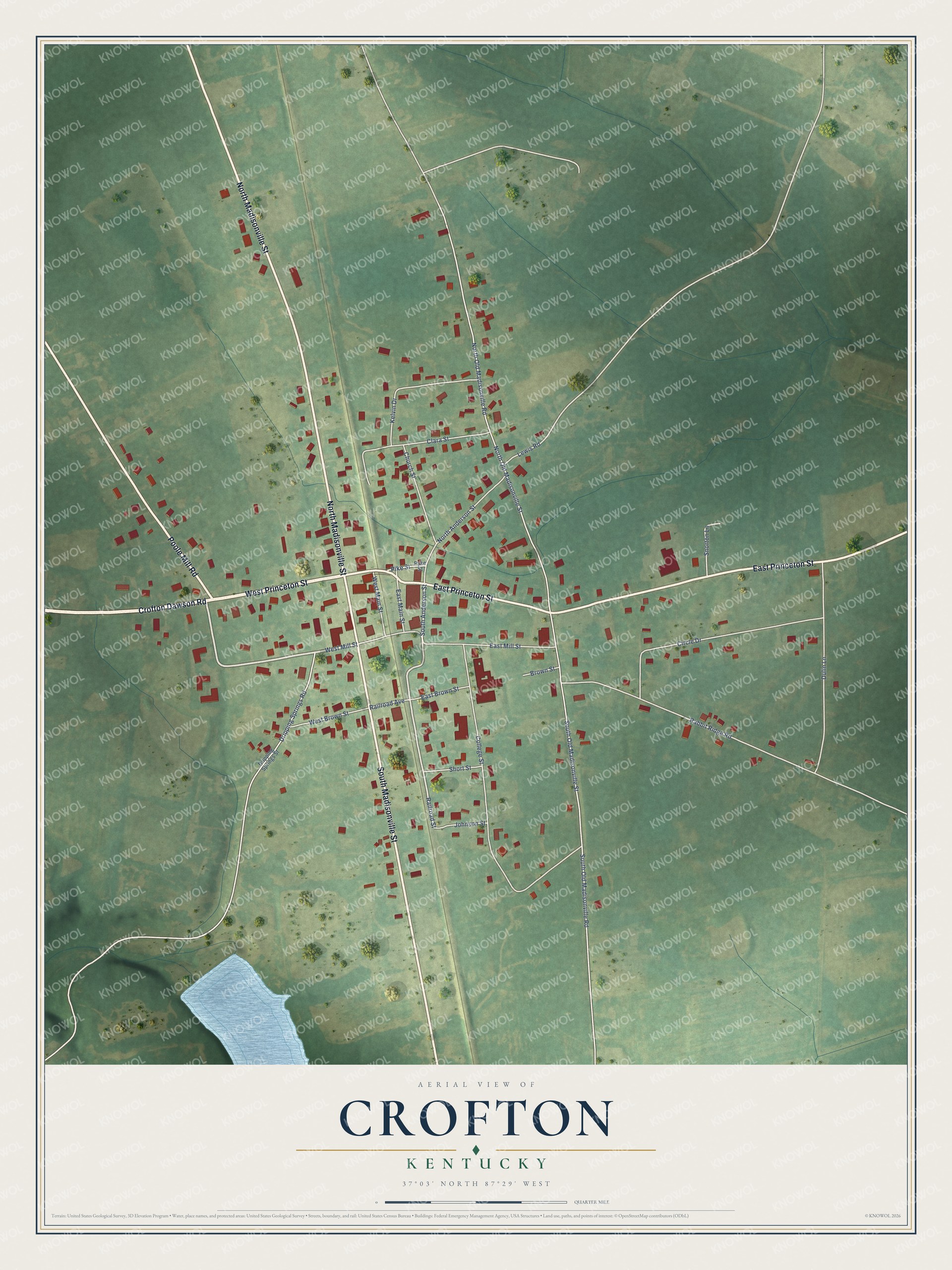Full map of Crofton, Kentucky, with red buildings, printed street names and the land around them