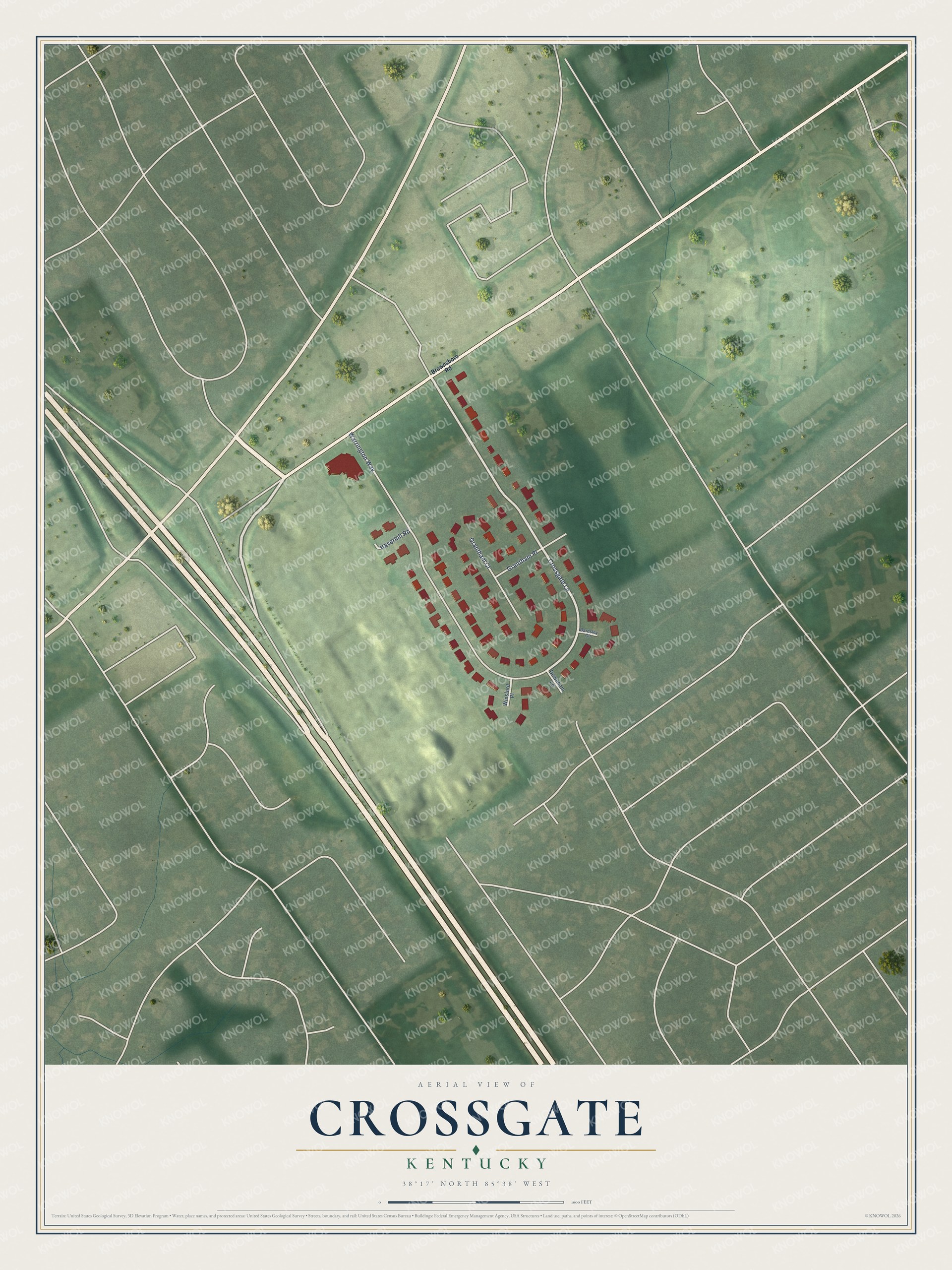 Full map of Crossgate, Kentucky, with red buildings, printed street names and the land around them
