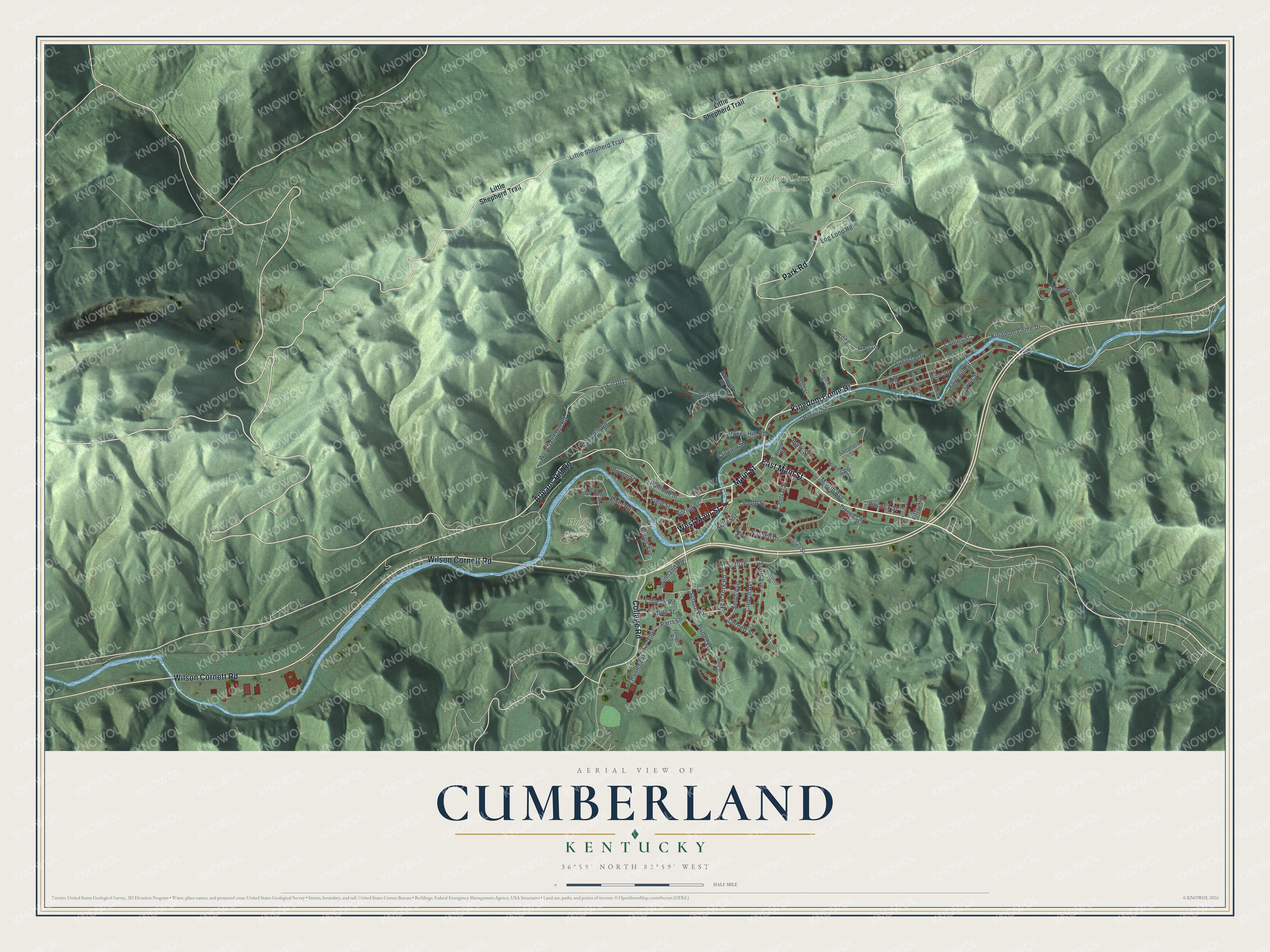 Full map of Cumberland, Kentucky, with red buildings, printed street names and the land around them