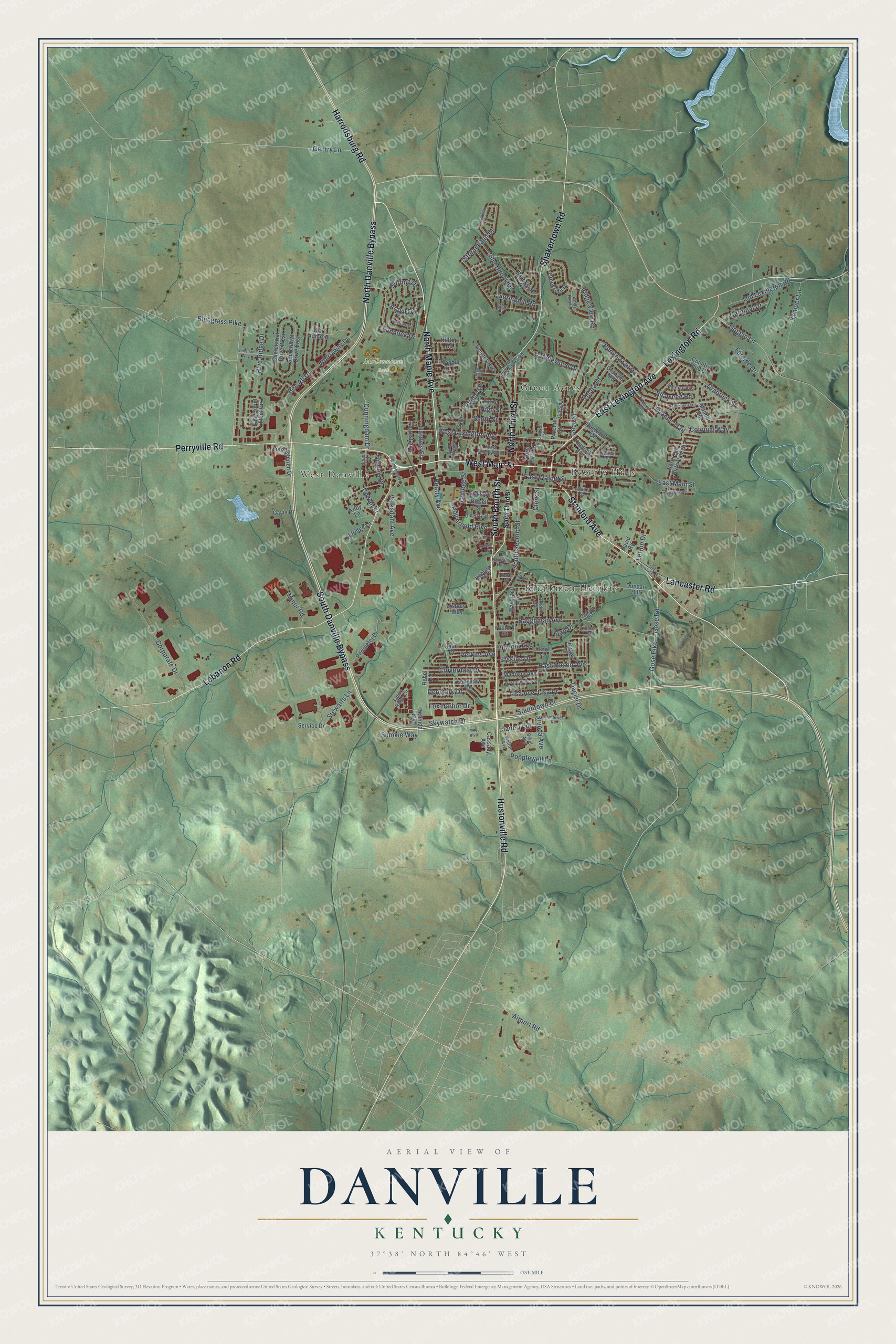 Full map of Danville, Kentucky, with red buildings, printed street names and the land around them