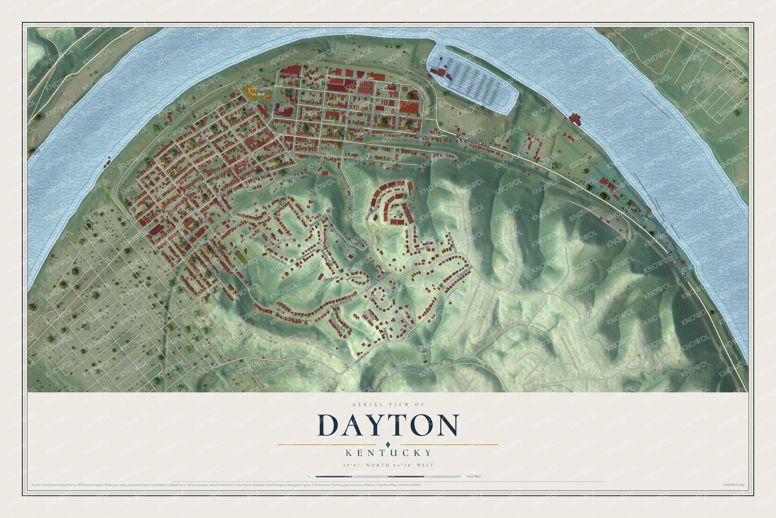 Full map of Dayton, Kentucky, with red buildings, printed street names and the land around them