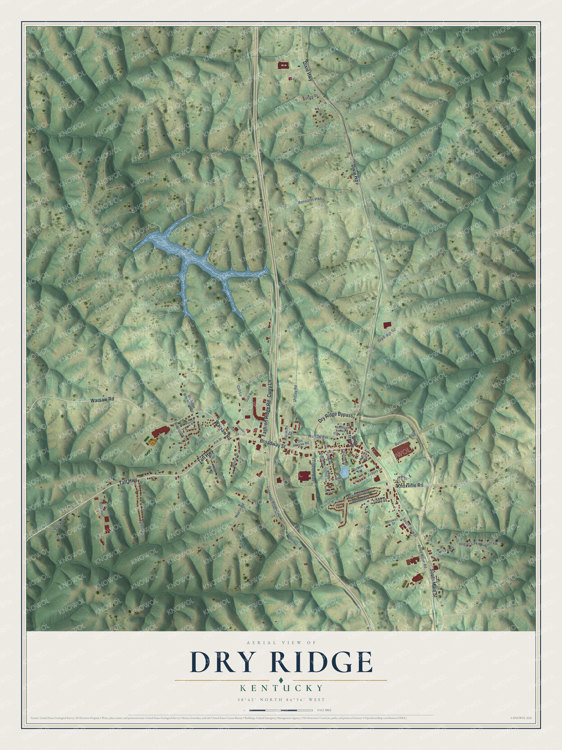 Full map of Dry Ridge, Kentucky, with red buildings, printed street names and the land around them